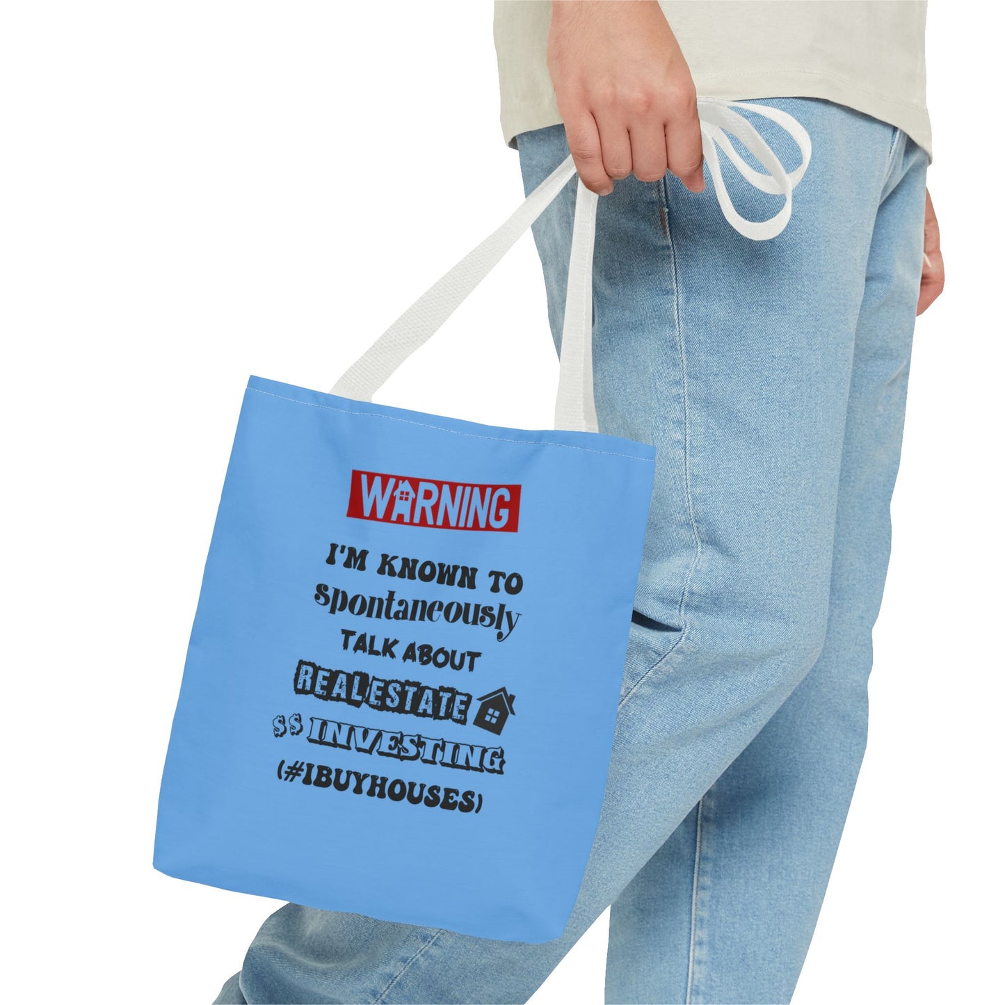 Warning I'm Known to Spontaneously Talk About Real Estate Investing Real Estate Investor Two-Sided Blue Tote Bag with Custom Phone Number