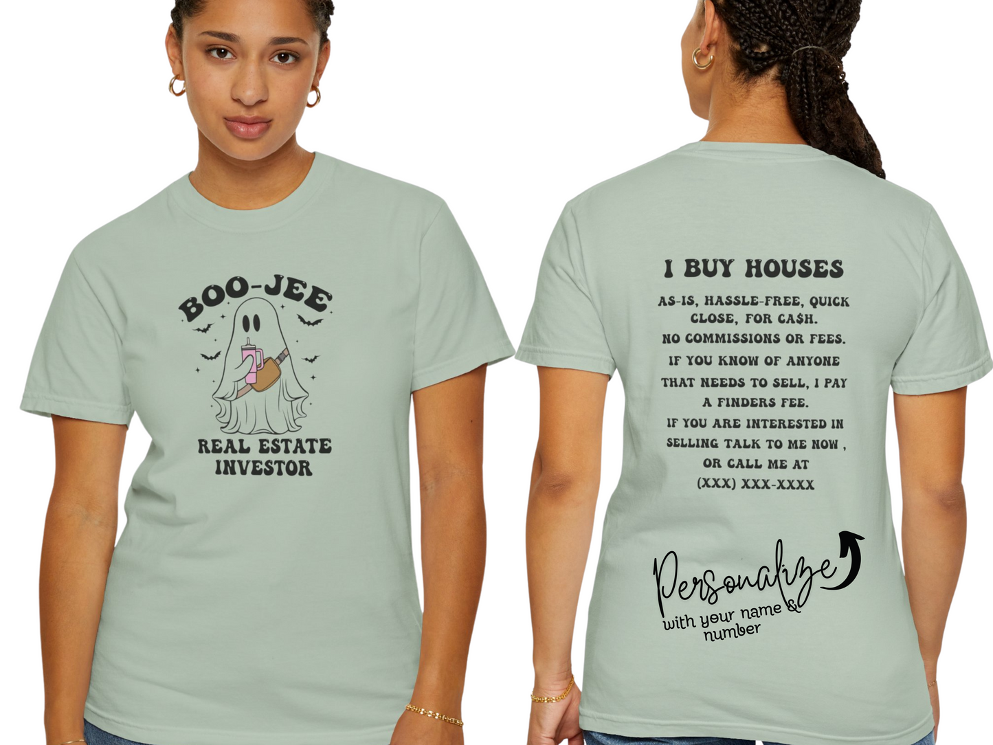 Halloween Fun! Boo-Jee Ghost Real Estate Investor Personalized Unisex Garment-Dyed T-shirt Business Marketing