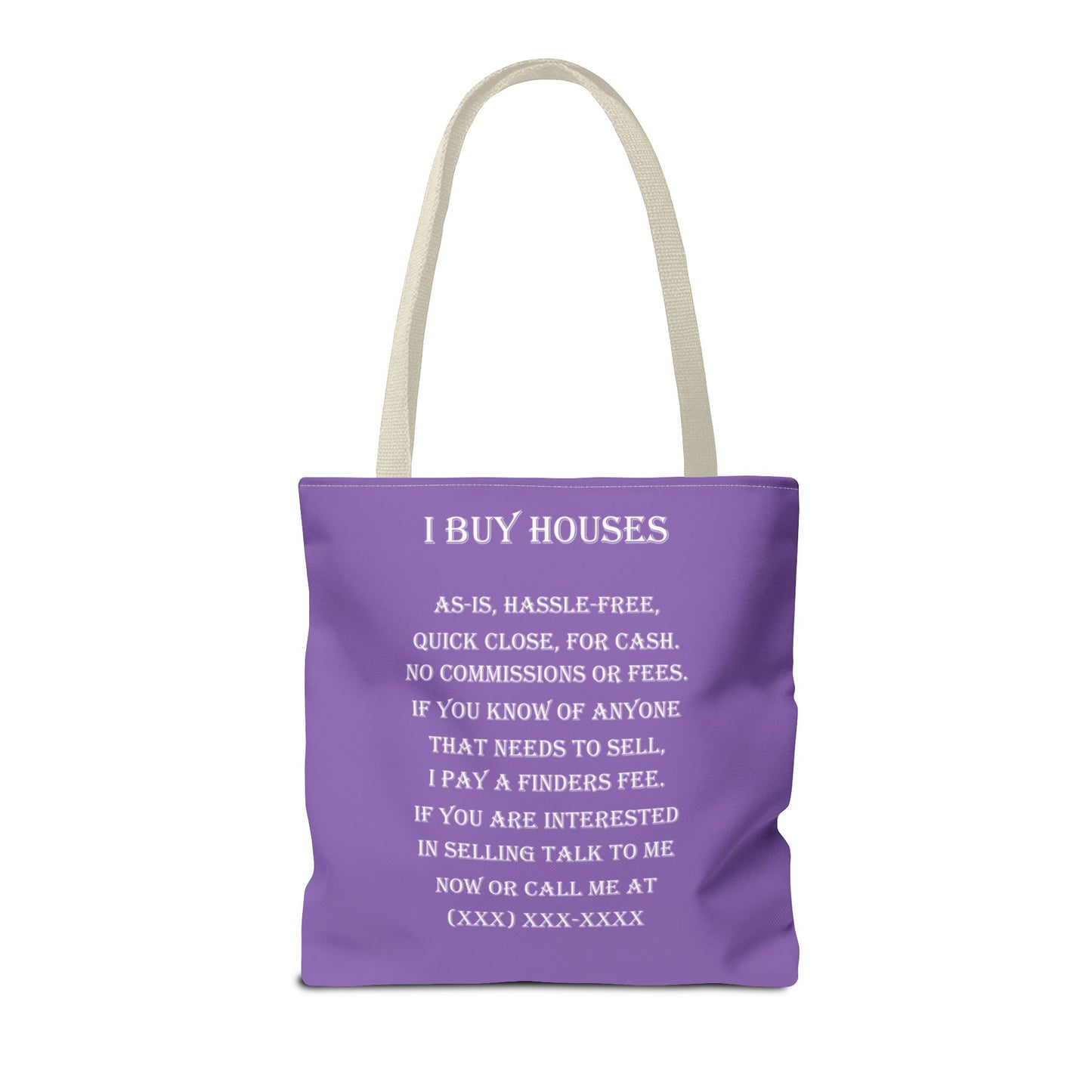 I Buy Houses Nationwide Real Estate Investor Two-Sided Purple Tote Bag with Custom Phone Number