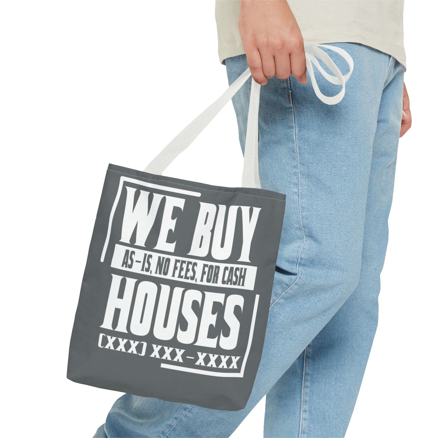 We Buy Houses As-Is, No Fees, For Cash Customized White and Gray Tote Bag for Real Estate Investors