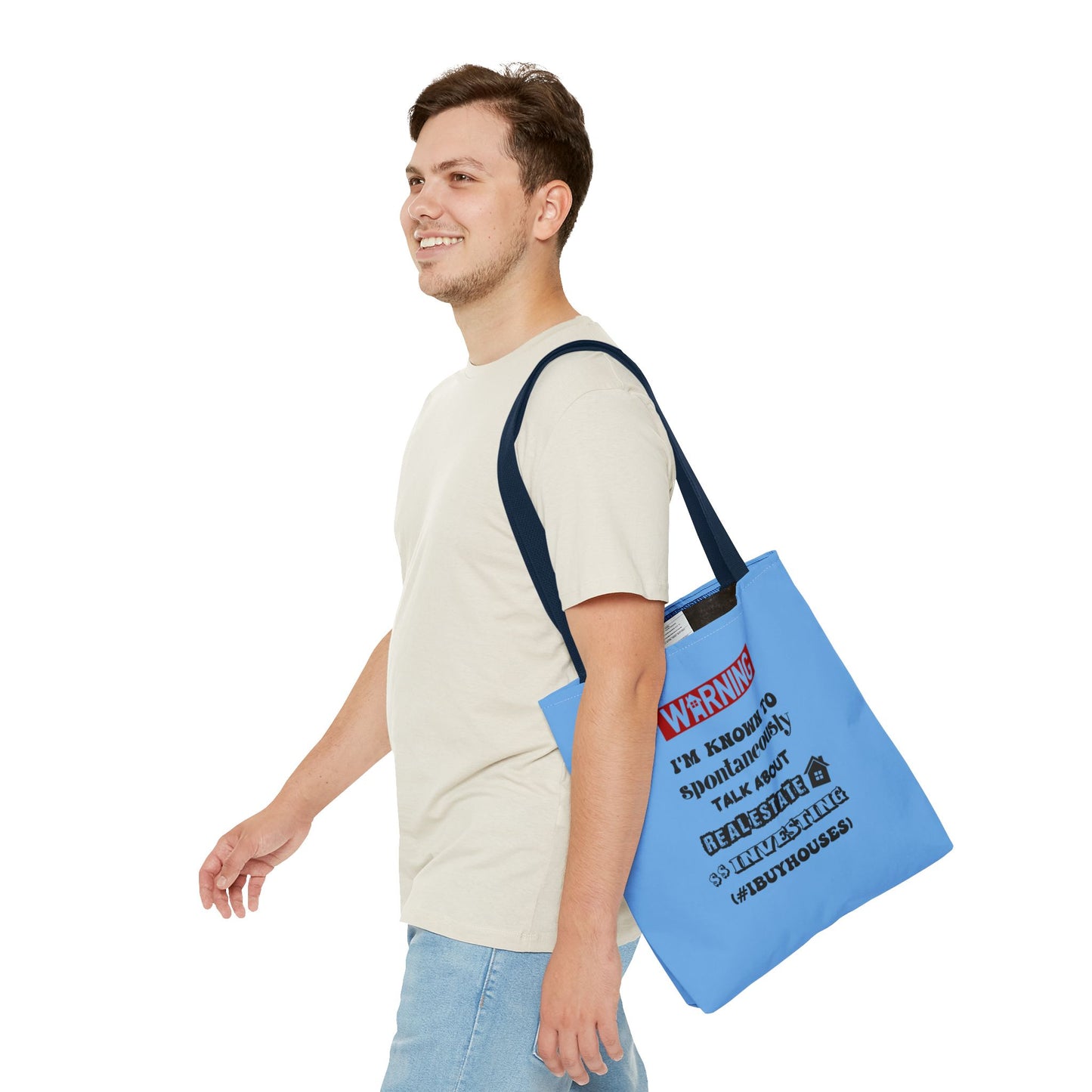 Warning I'm Known to Spontaneously Talk About Real Estate Investing Real Estate Investor Two-Sided Blue Tote Bag with Custom Phone Number