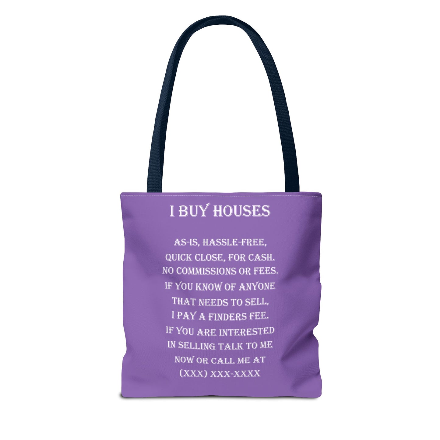 I Buy Houses Nationwide Real Estate Investor Two-Sided Purple Tote Bag with Custom Phone Number