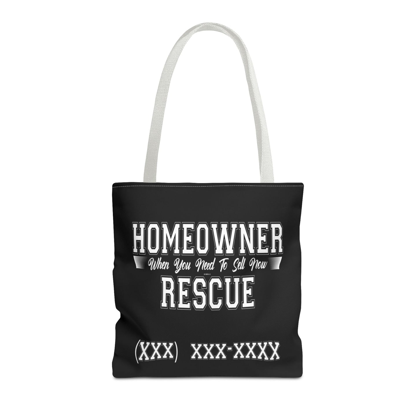 Homeowner Rescue Real Estate Investor Two-Sided Black Tote Bag with Custom Phone Number