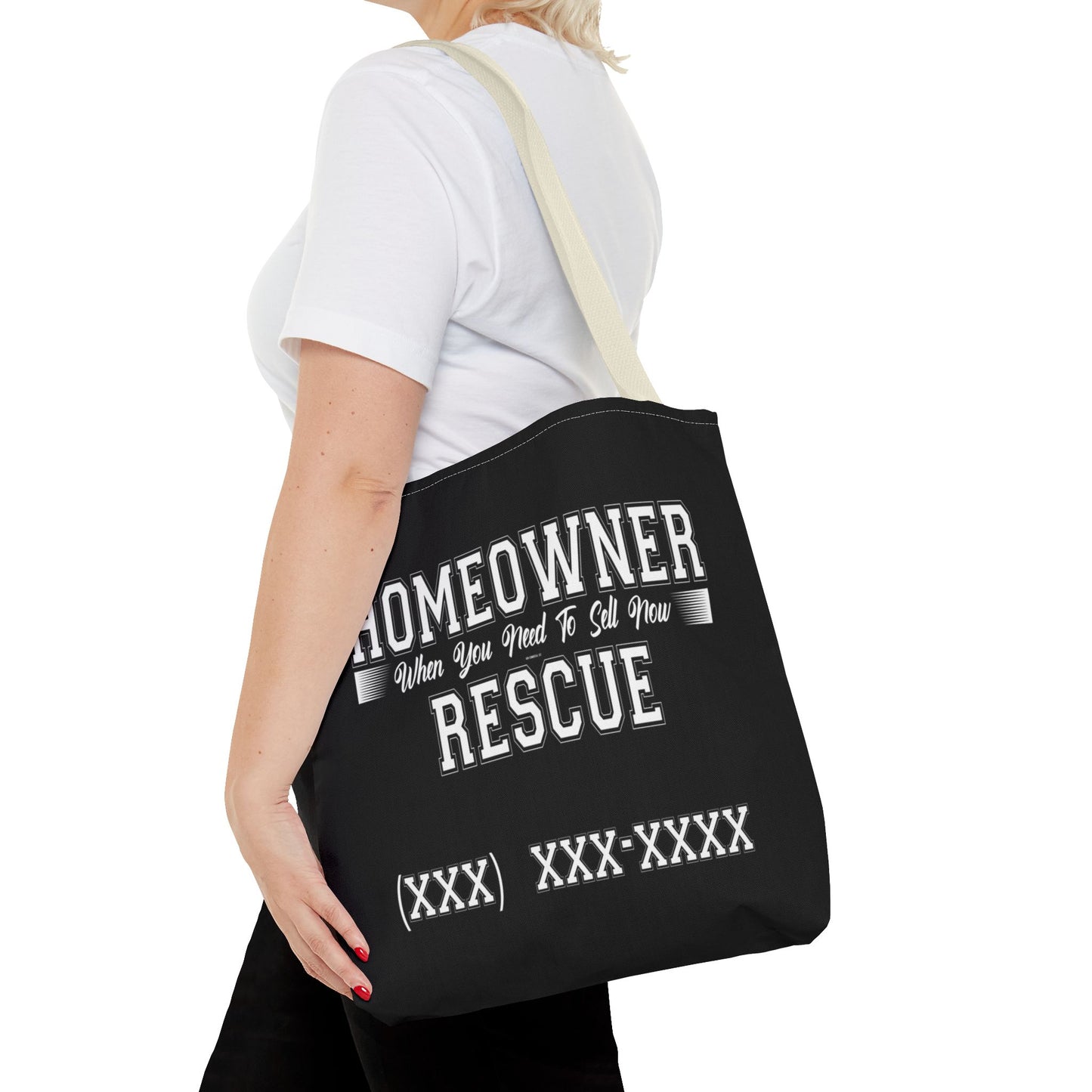 Homeowner Rescue Real Estate Investor Two-Sided Black Tote Bag with Custom Phone Number