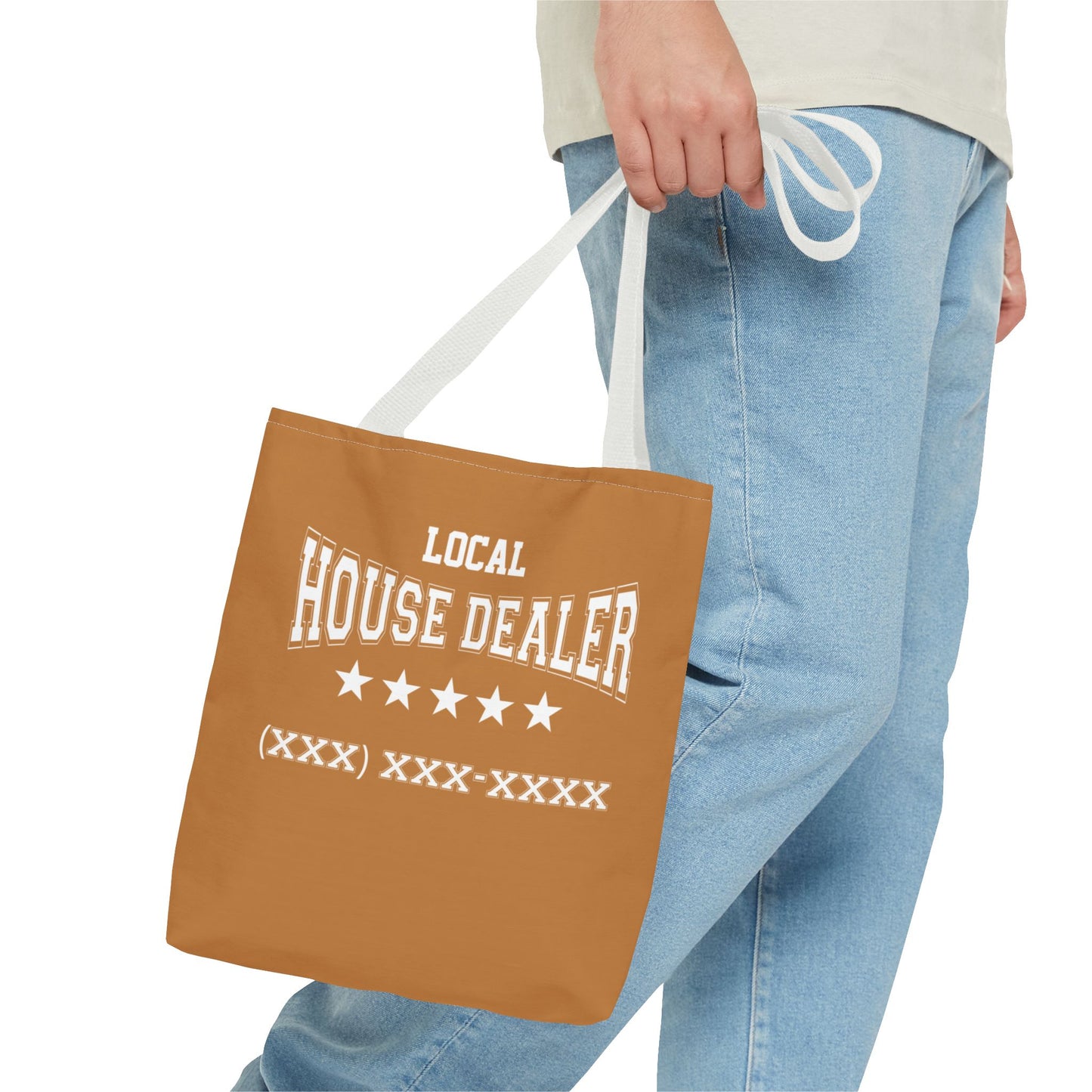 Local Five Star House Dealer Real Estate Investor Two-Sided Brown Tote Bag with Custom Phone Number