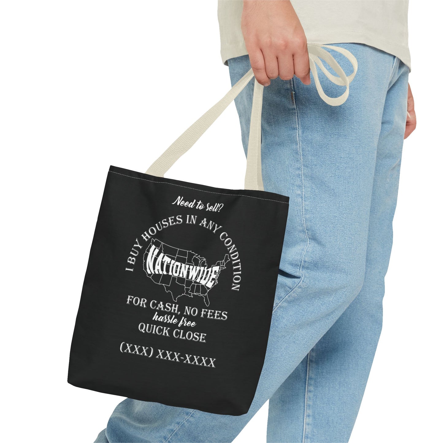 I Buy Houses Nationwide Real Estate Investor Two-Sided Black Tote Bag with Custom Phone Number