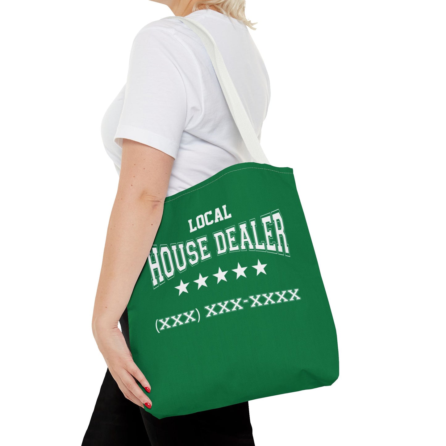 Local Five Star House Dealer Real Estate Investor Two-Sided Dark Green Tote Bag with Custom Phone Number