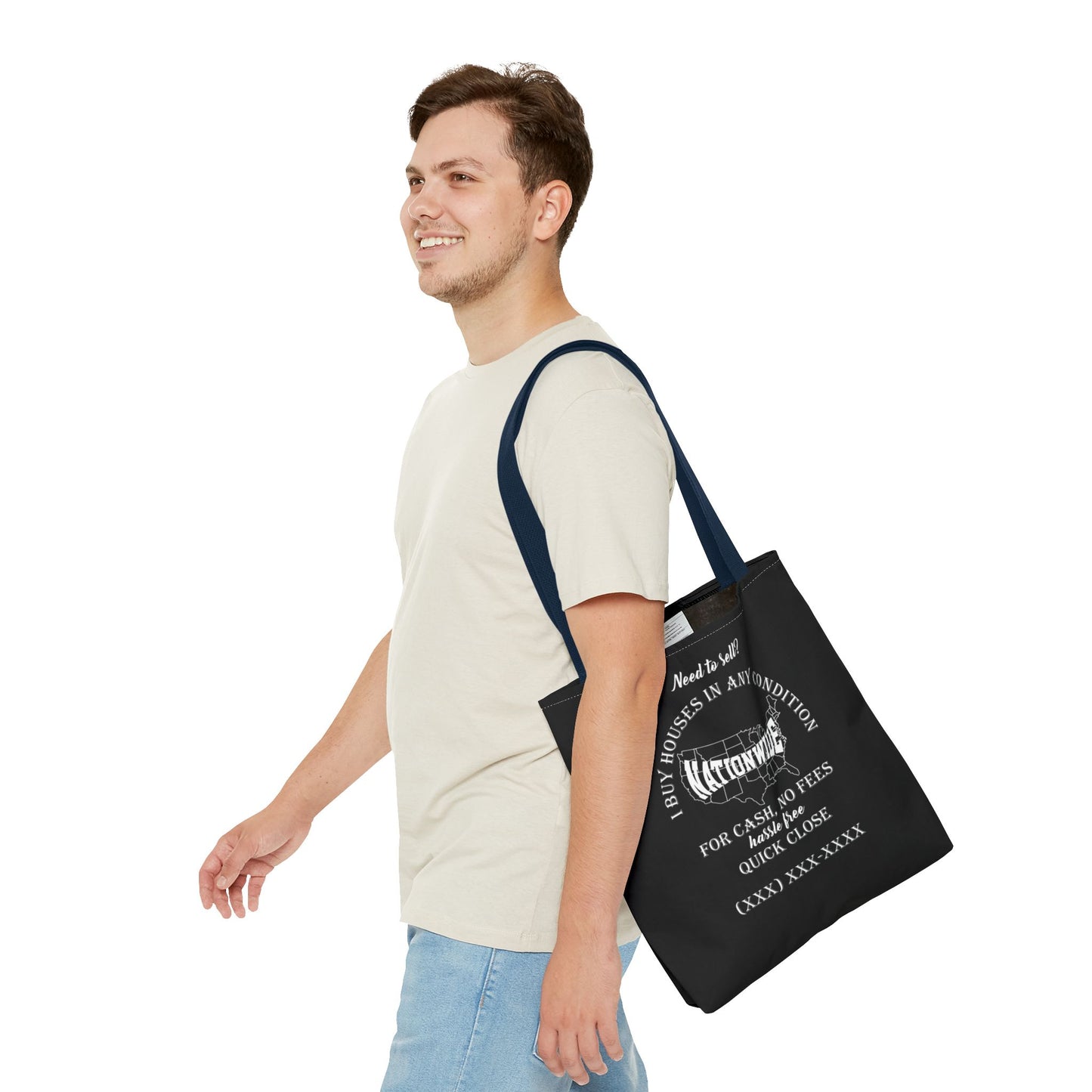 I Buy Houses Nationwide Real Estate Investor Two-Sided Black Tote Bag with Custom Phone Number