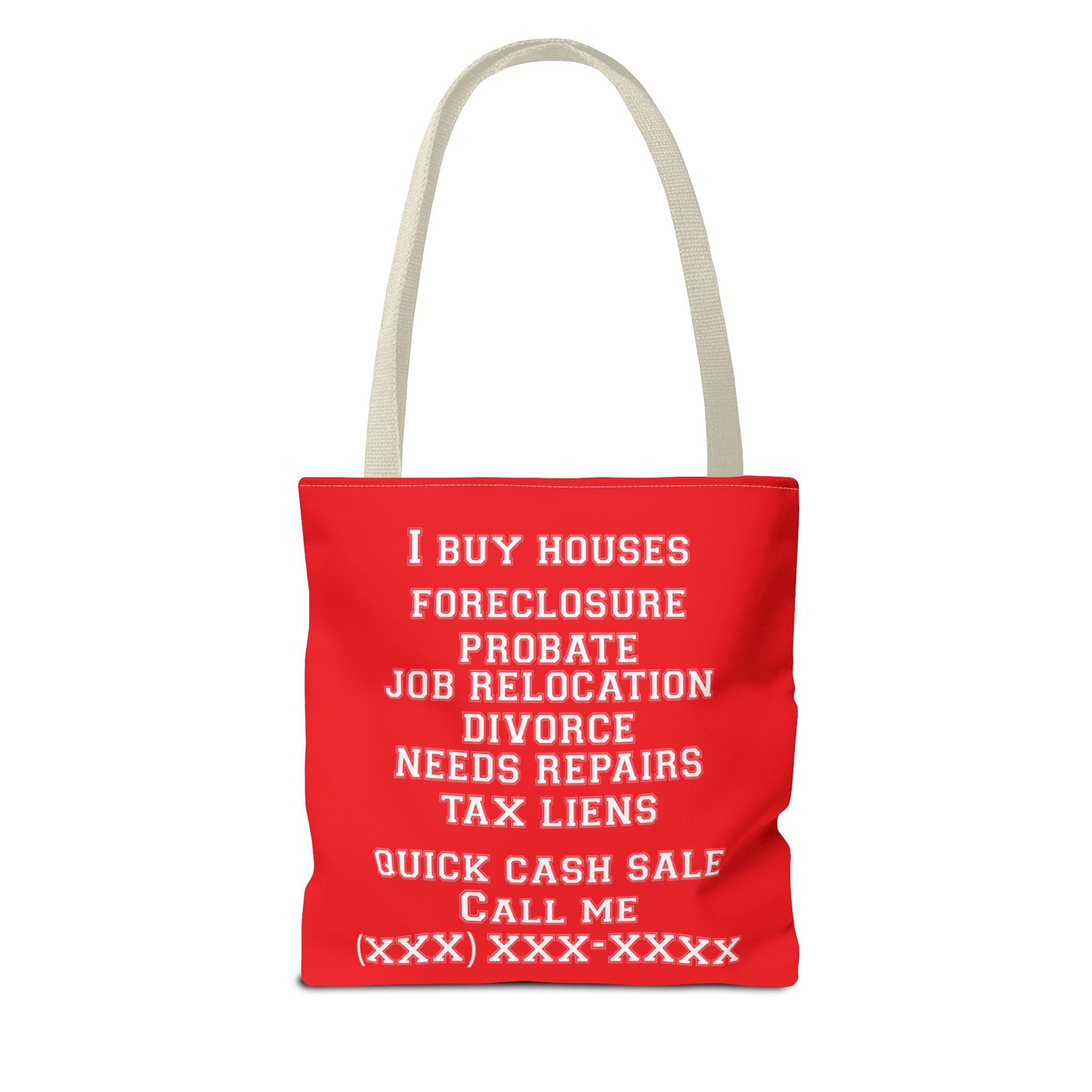 Foreclosure Rescue Real Estate Investor Two-Sided Red Tote Bag with Custom Phone Number