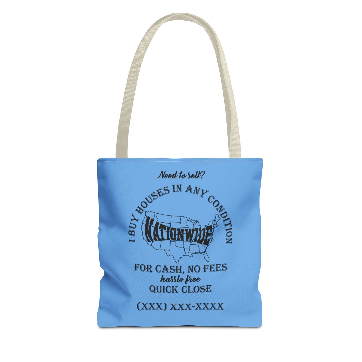 I Buy Houses Nationwide Real Estate Investor Two-Sided Blue Tote Bag with Custom Phone Number