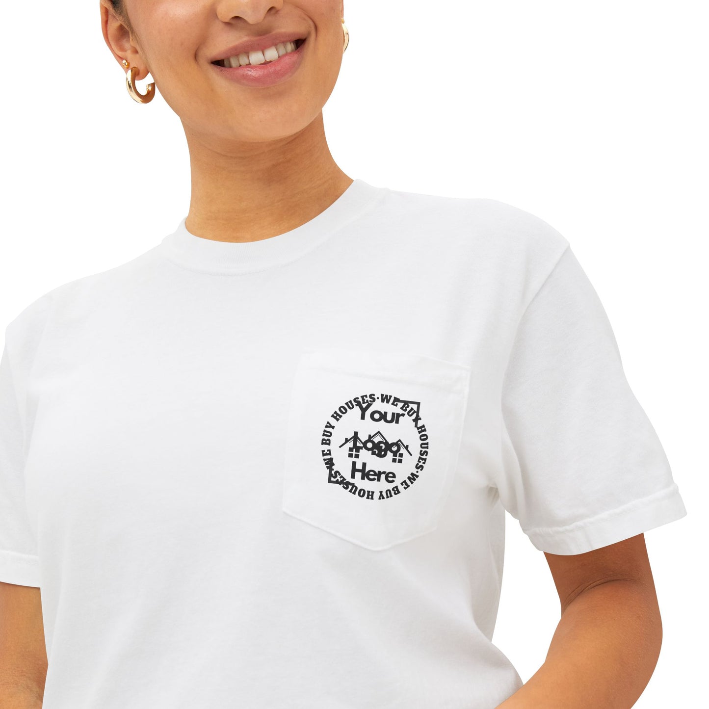 We Buy Houses Company Name Phone Number & QR Code with Front Pocket Unisex Garment-Dyed Pocket T-Shirt for Real Estate Investors, House Flippers and Wholesalers