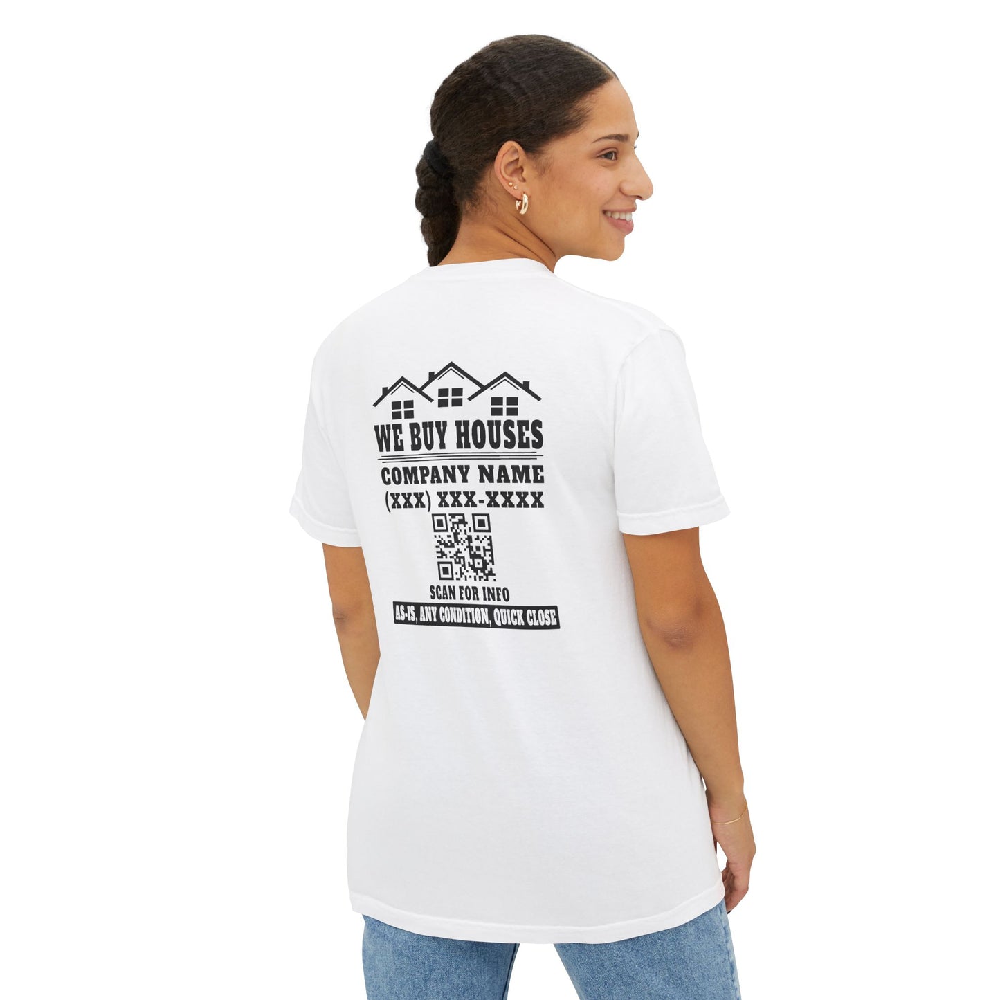 We Buy Houses Company Name Phone Number & QR Code with Front Pocket Unisex Garment-Dyed Pocket T-Shirt for Real Estate Investors, House Flippers and Wholesalers