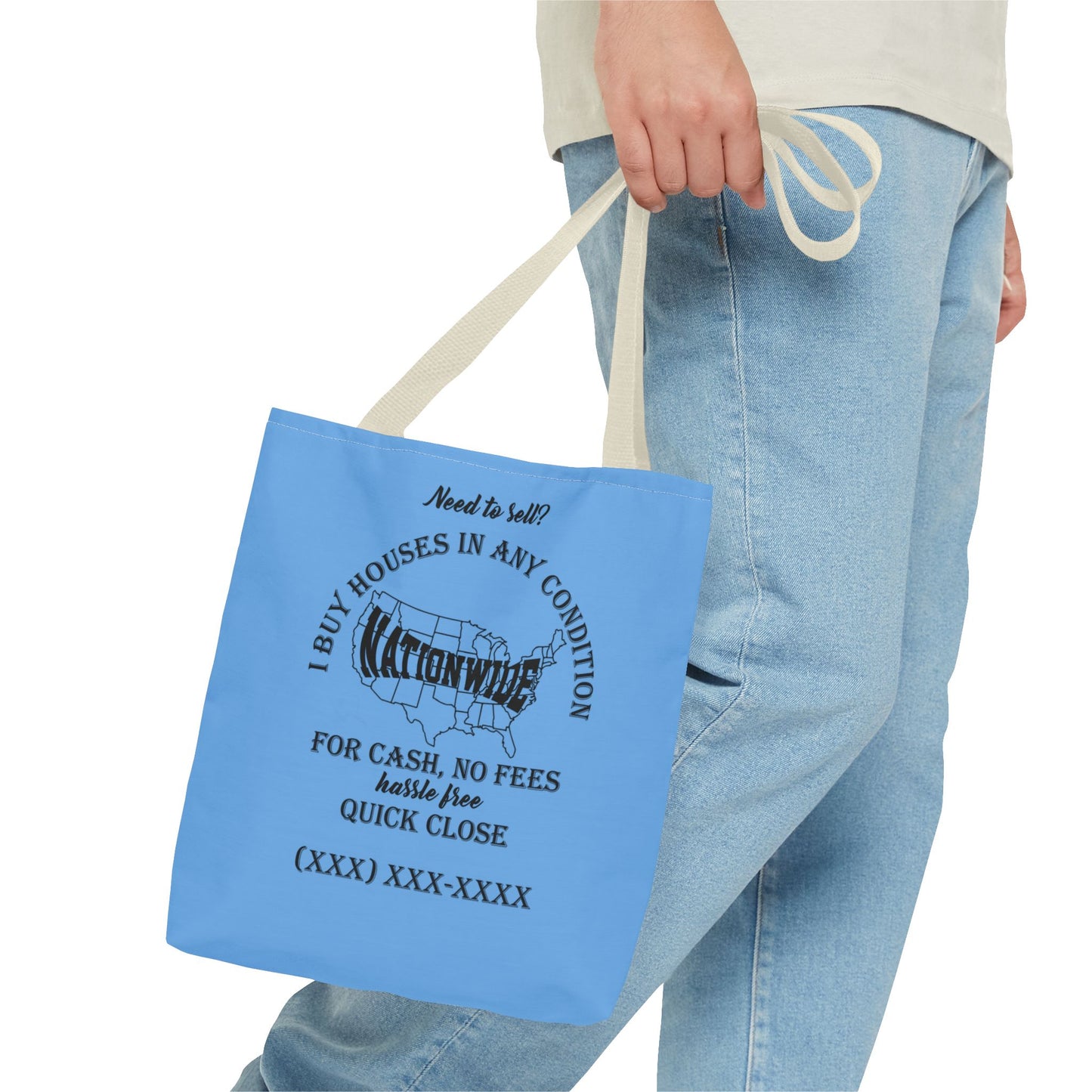 I Buy Houses Nationwide Real Estate Investor Two-Sided Blue Tote Bag with Custom Phone Number