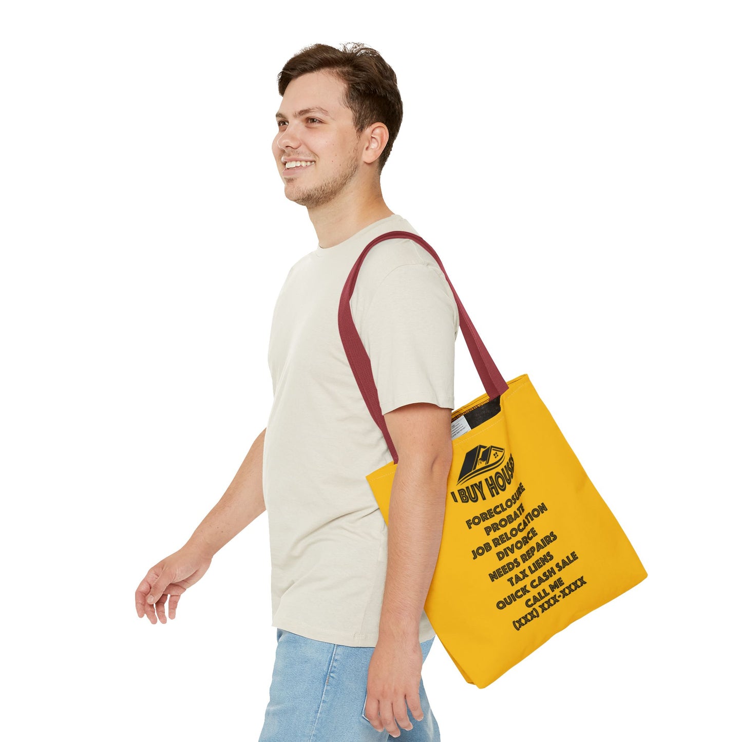 Ask Me About Buying Your House Real Estate Investor Two-Sided Yellow Tote Bag with Custom Phone Number