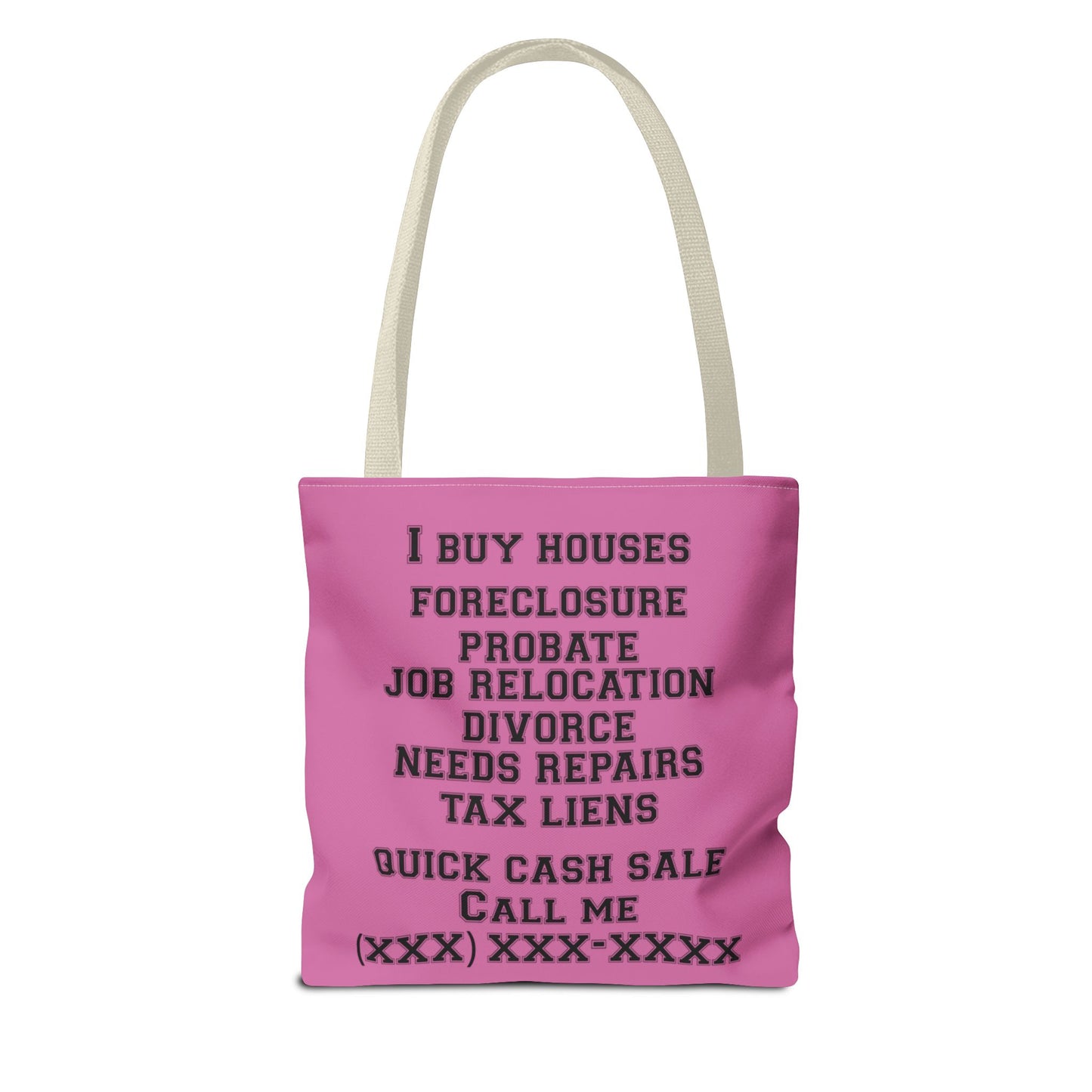 Homeowner Rescue Real Estate Investor Two-Sided Pink Tote Bag with Custom Phone Number