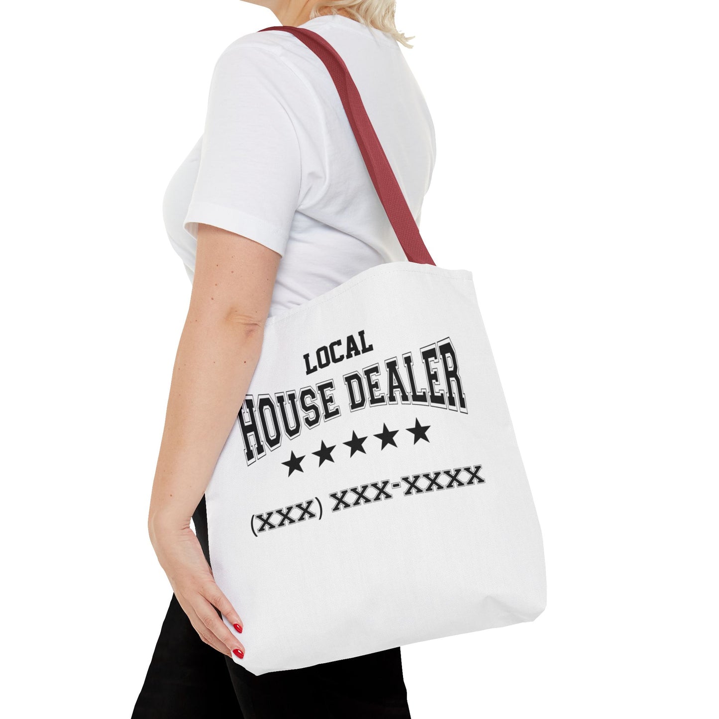 Local Five Star House Dealer Real Estate Investor Two-Sided White Tote Bag with Custom Phone Number