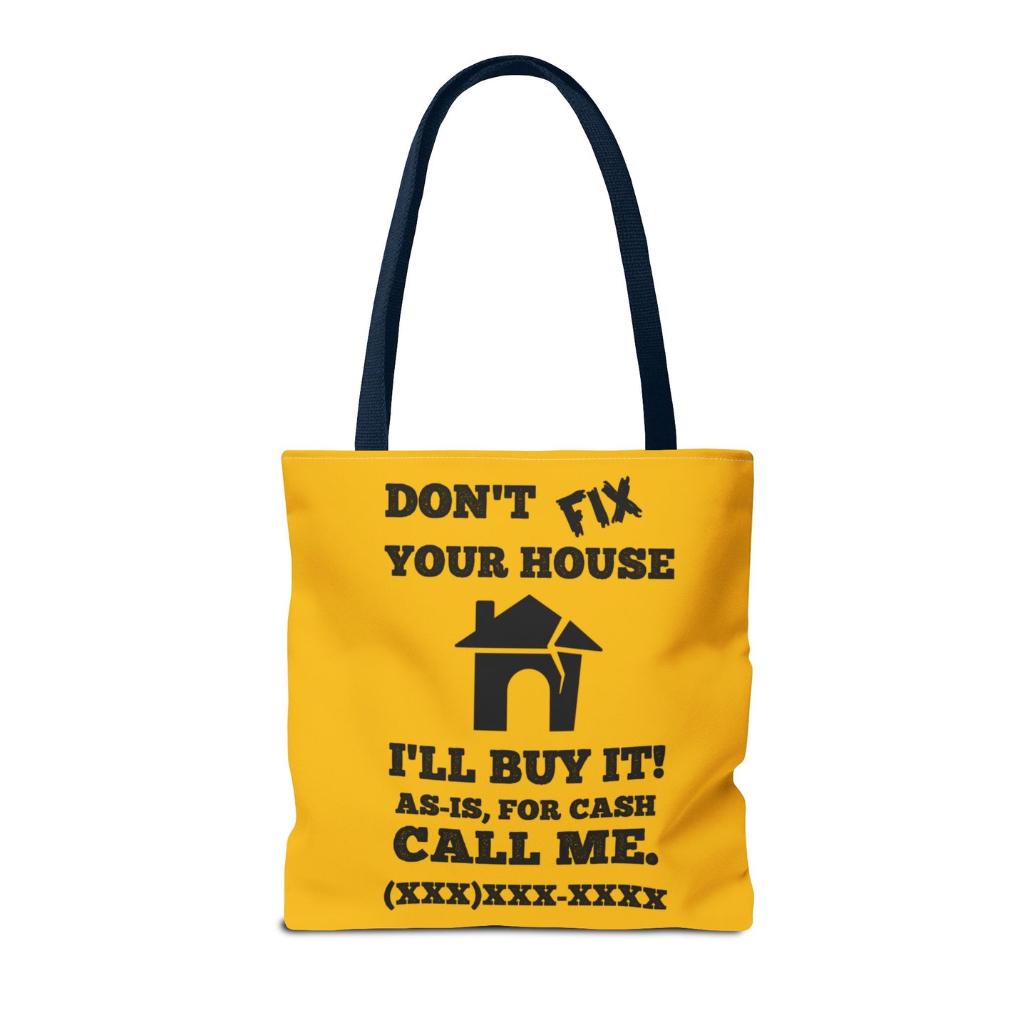 I Buy and Flip Houses to Buy Real Estate Investor Two-Sided Black & Yellow Tote Bag with Custom Phone Number