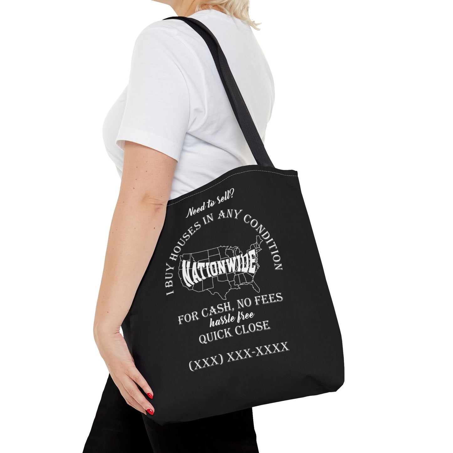 I Buy Houses Nationwide Real Estate Investor Two-Sided Black Tote Bag with Custom Phone Number