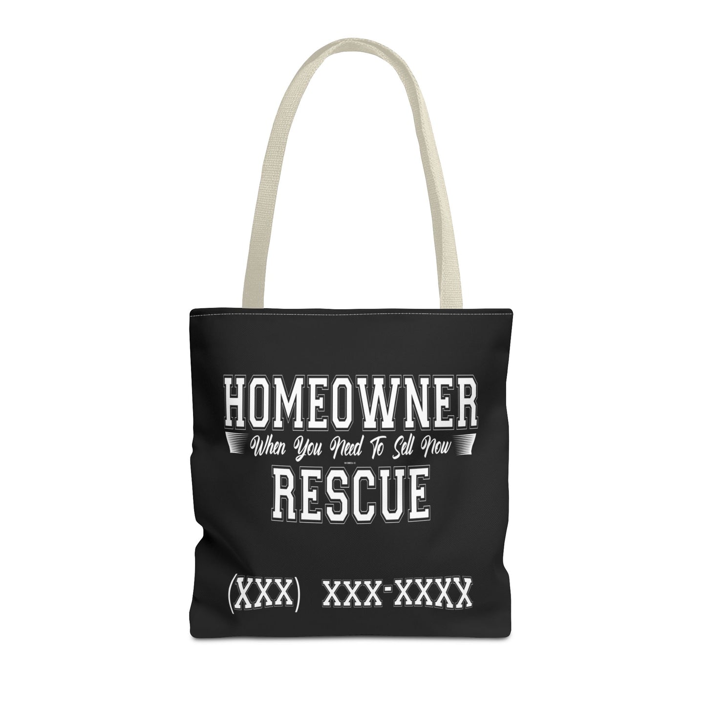 Homeowner Rescue Real Estate Investor Two-Sided Black Tote Bag with Custom Phone Number