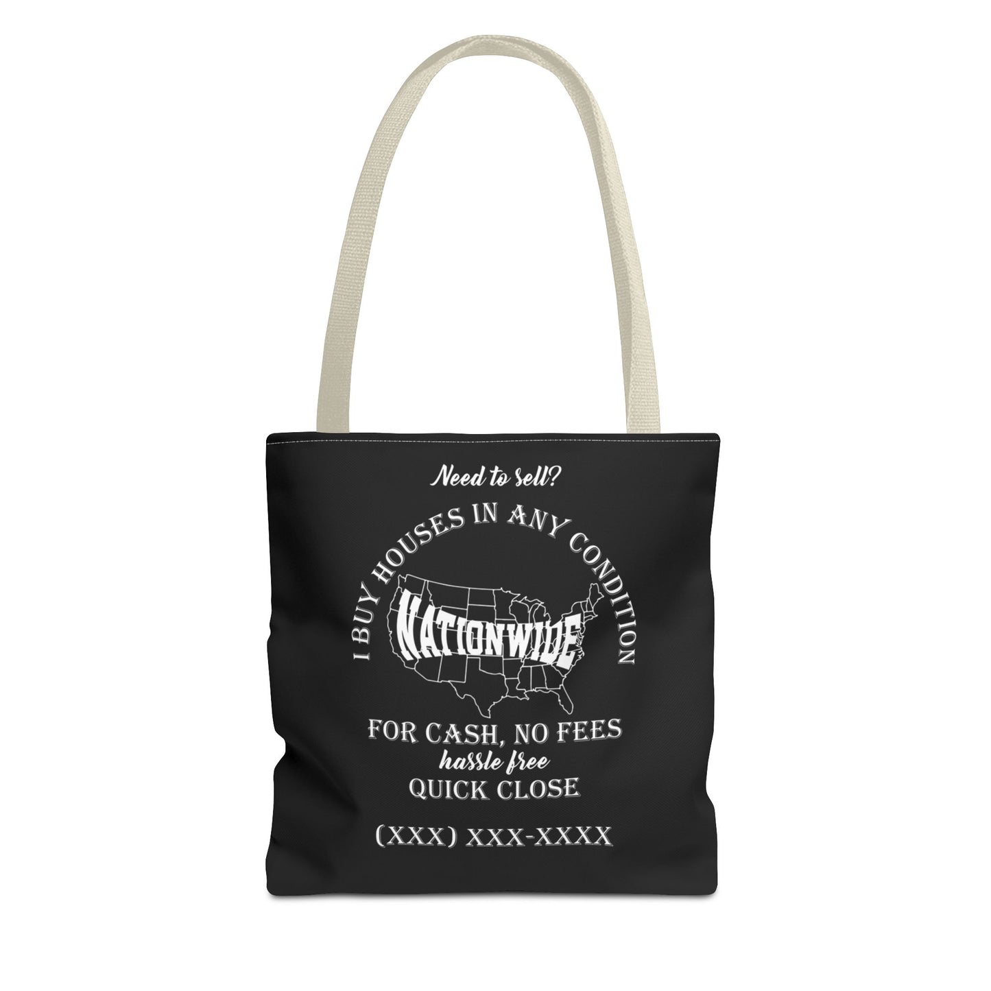 I Buy Houses Nationwide Real Estate Investor Two-Sided Black Tote Bag with Custom Phone Number