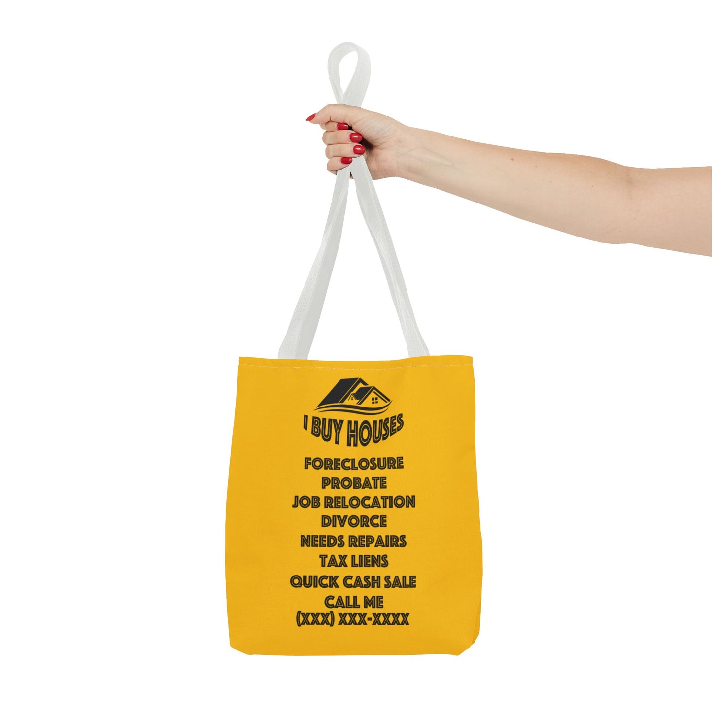 Ask Me About Buying Your House Real Estate Investor Two-Sided Yellow Tote Bag with Custom Phone Number