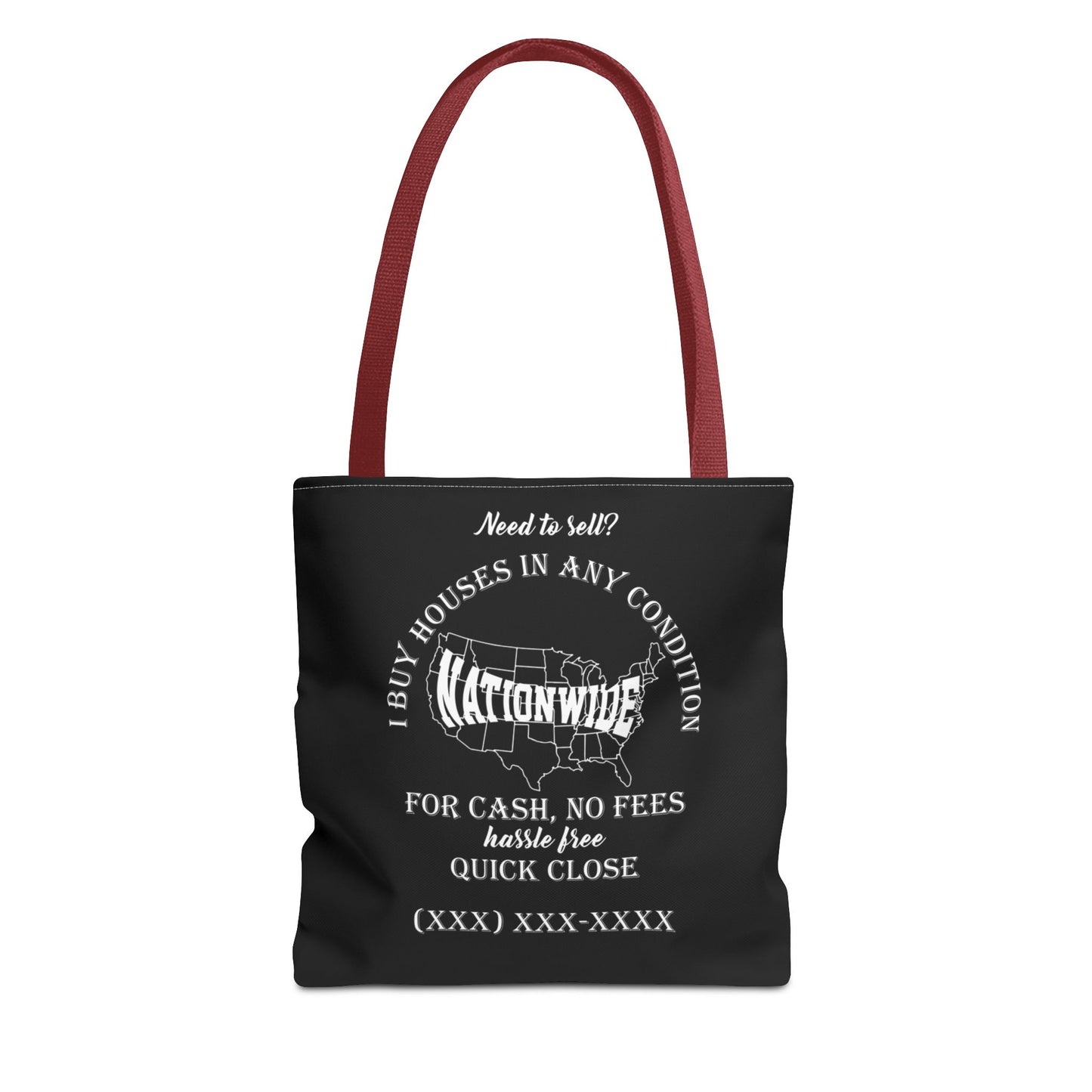 I Buy Houses Nationwide Real Estate Investor Two-Sided Black Tote Bag with Custom Phone Number