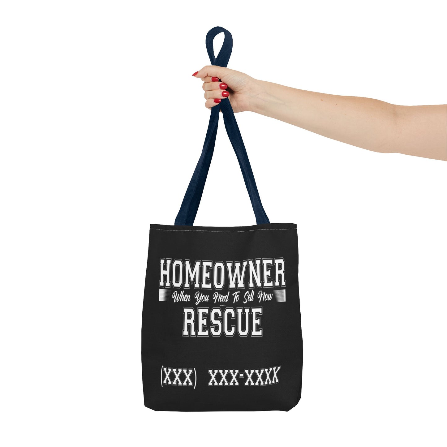 Homeowner Rescue Real Estate Investor Two-Sided Black Tote Bag with Custom Phone Number