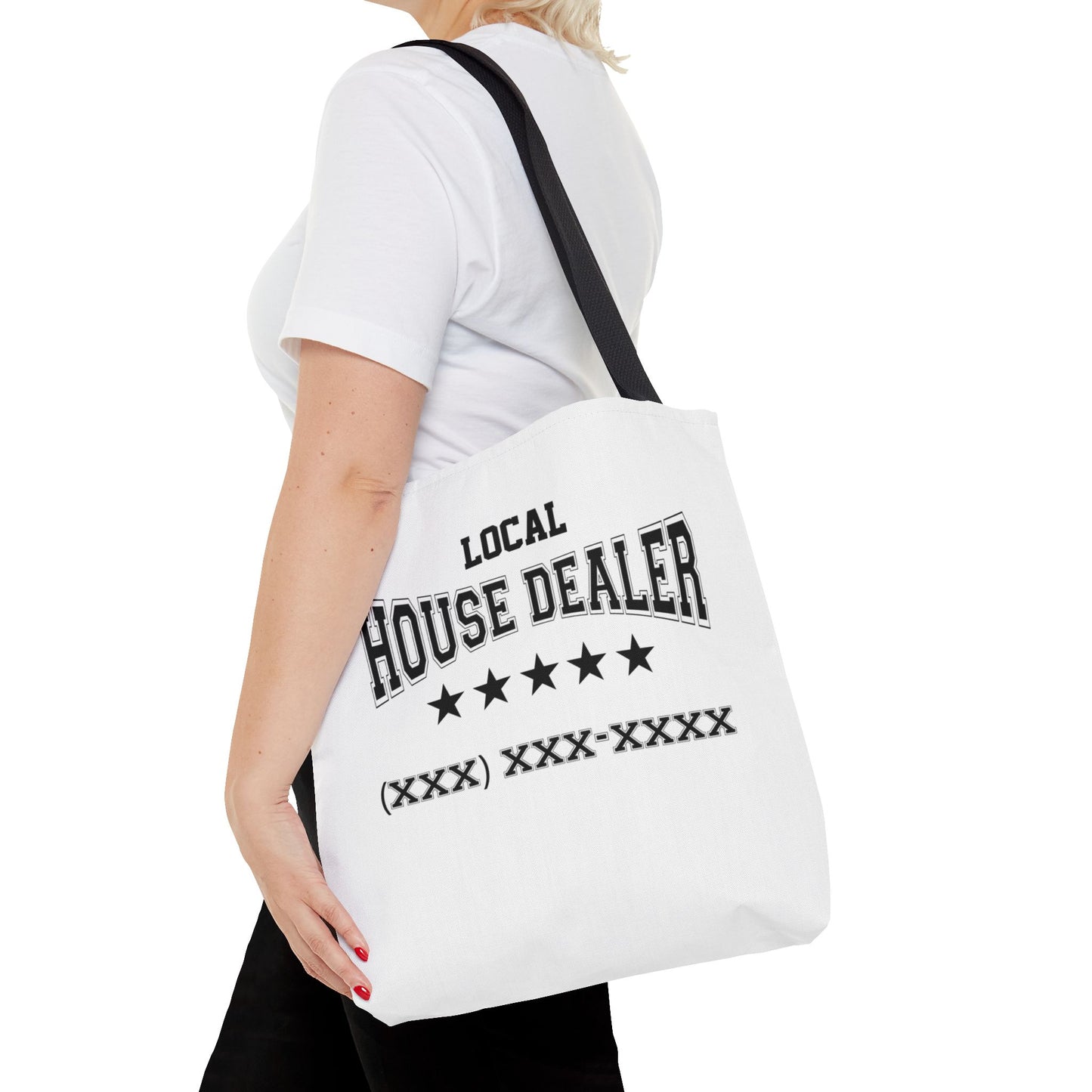 Local Five Star House Dealer Real Estate Investor Two-Sided White Tote Bag with Custom Phone Number