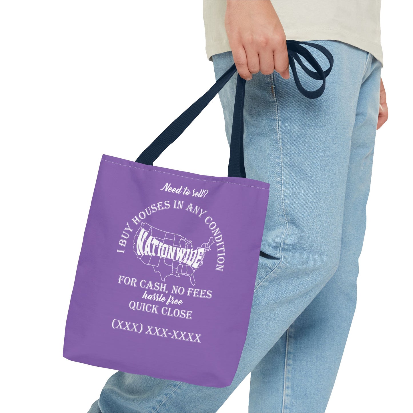 I Buy Houses Nationwide Real Estate Investor Two-Sided Purple Tote Bag with Custom Phone Number