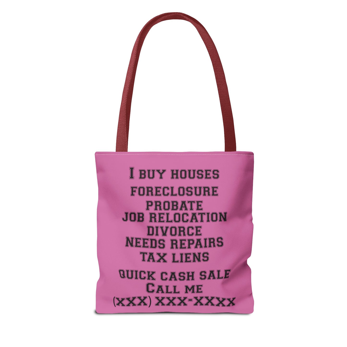 Homeowner Rescue Real Estate Investor Two-Sided Pink Tote Bag with Custom Phone Number