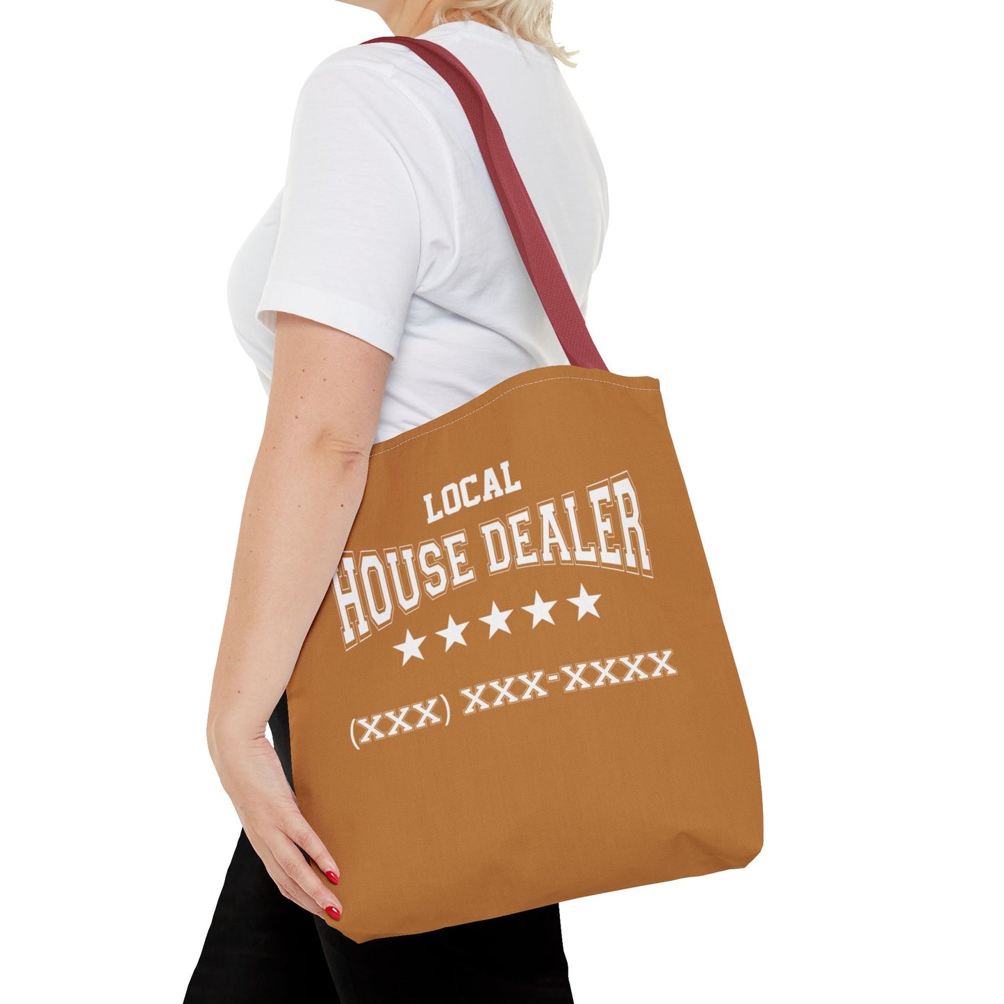 Local Five Star House Dealer Real Estate Investor Two-Sided Brown Tote Bag with Custom Phone Number