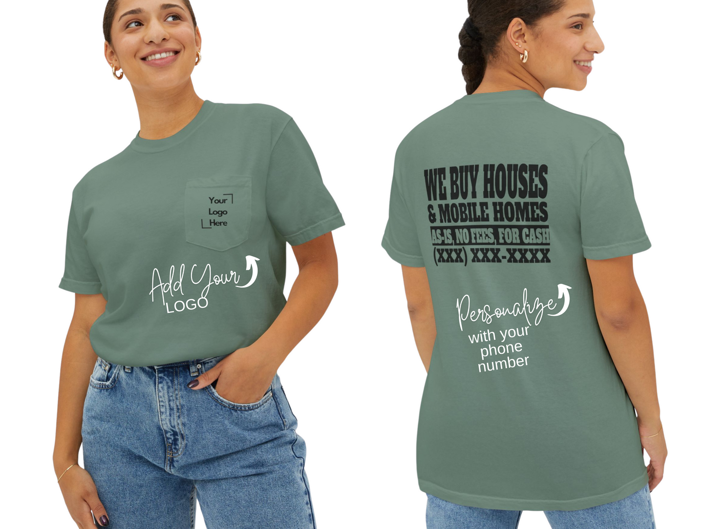 Front Pocket Company Logo We Buy Houses & Mobile Homes Unisex Garment-Dyed Pocket T-Shirt for Real Estate Investors, House Flippers and Wholesalers