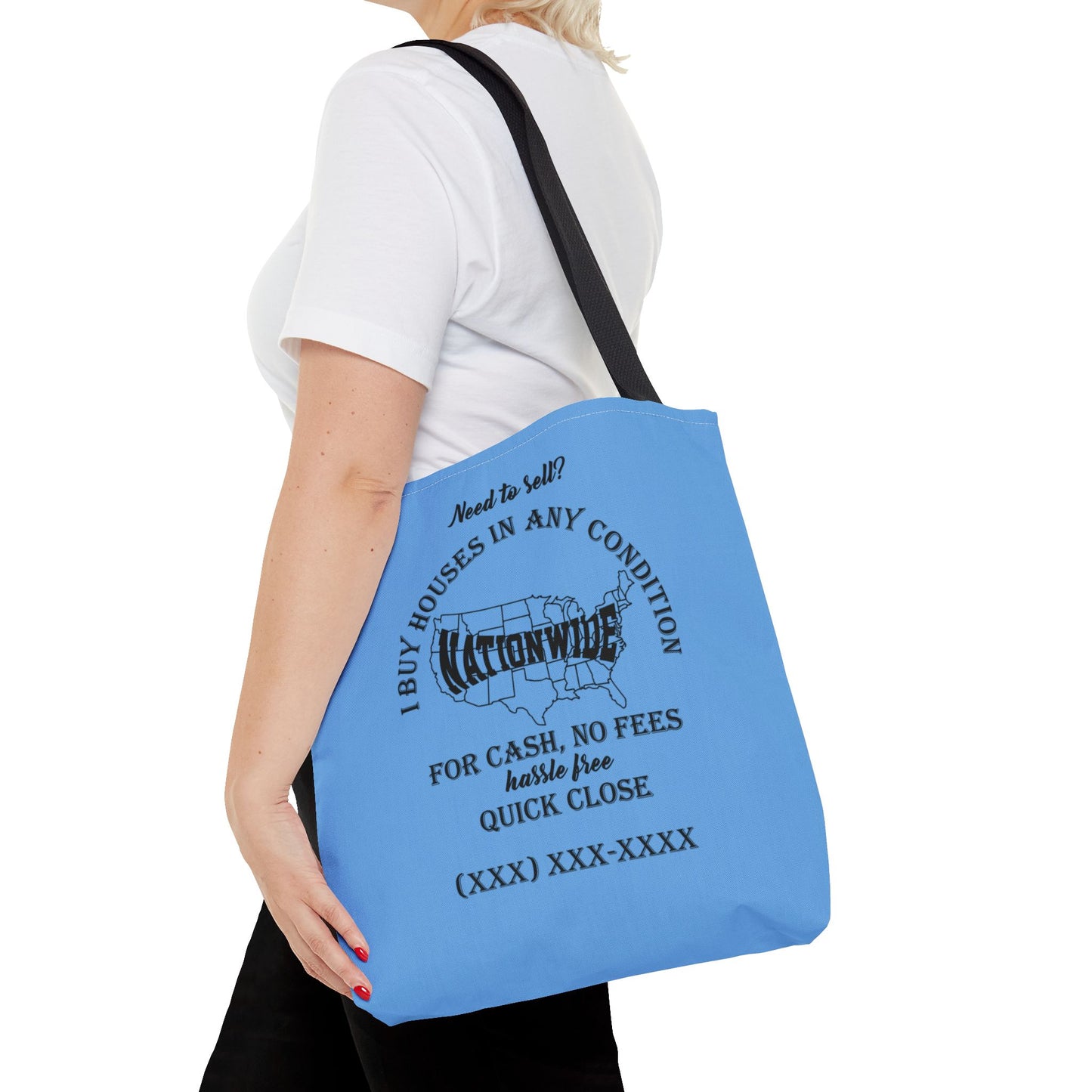 I Buy Houses Nationwide Real Estate Investor Two-Sided Blue Tote Bag with Custom Phone Number