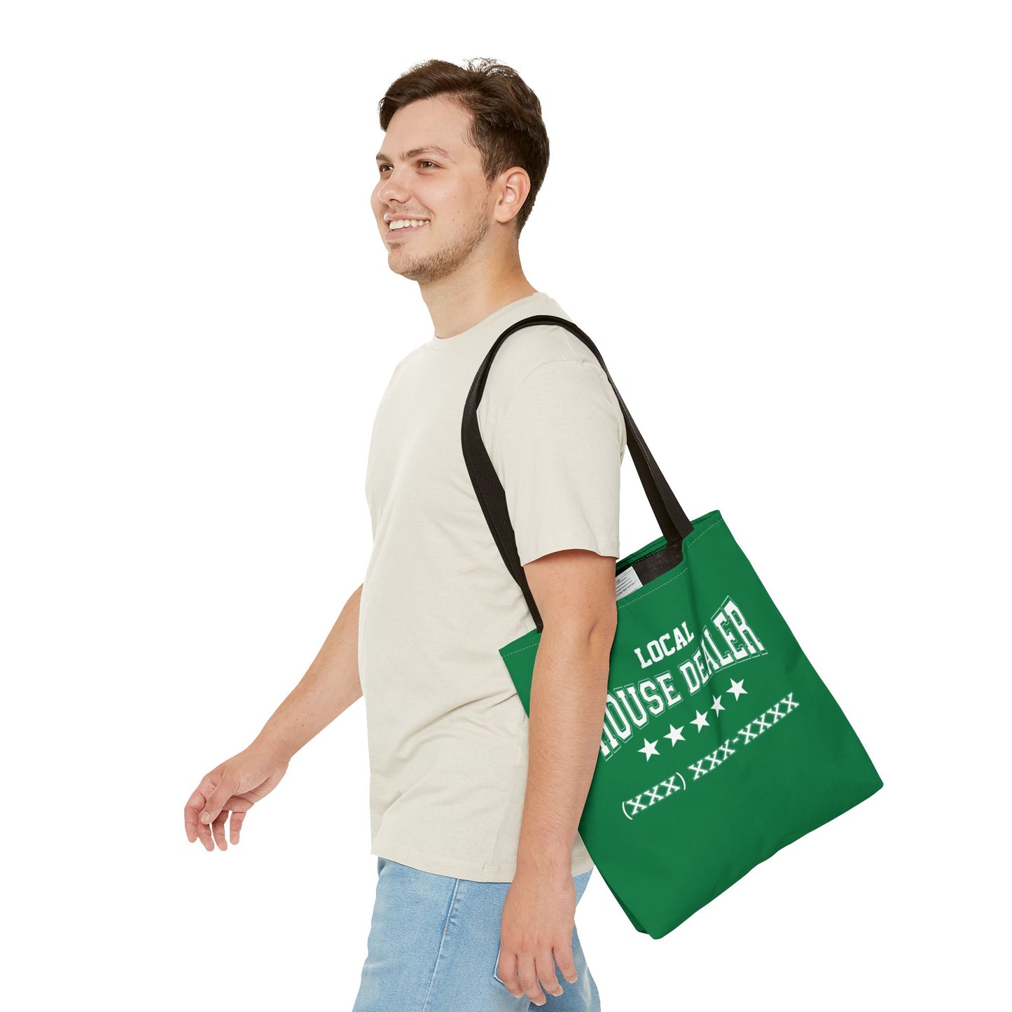 Local Five Star House Dealer Real Estate Investor Two-Sided Dark Green Tote Bag with Custom Phone Number