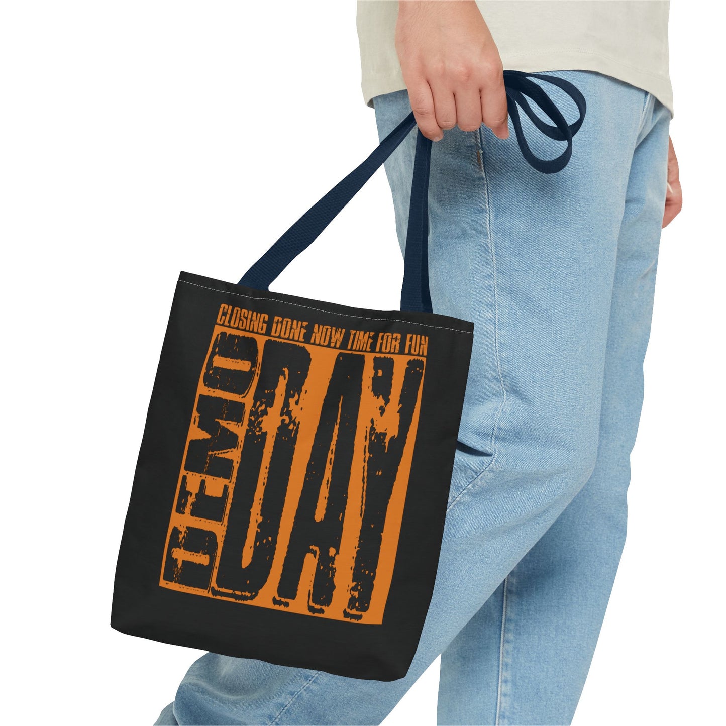 Demo Day Closing Done Now Time for Fun Lead Generation Two-Sided Black Tote Bag with Custom Phone Number