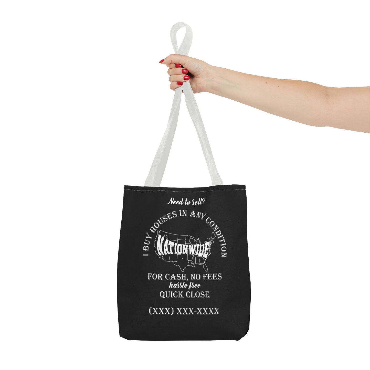 I Buy Houses Nationwide Real Estate Investor Two-Sided Black Tote Bag with Custom Phone Number