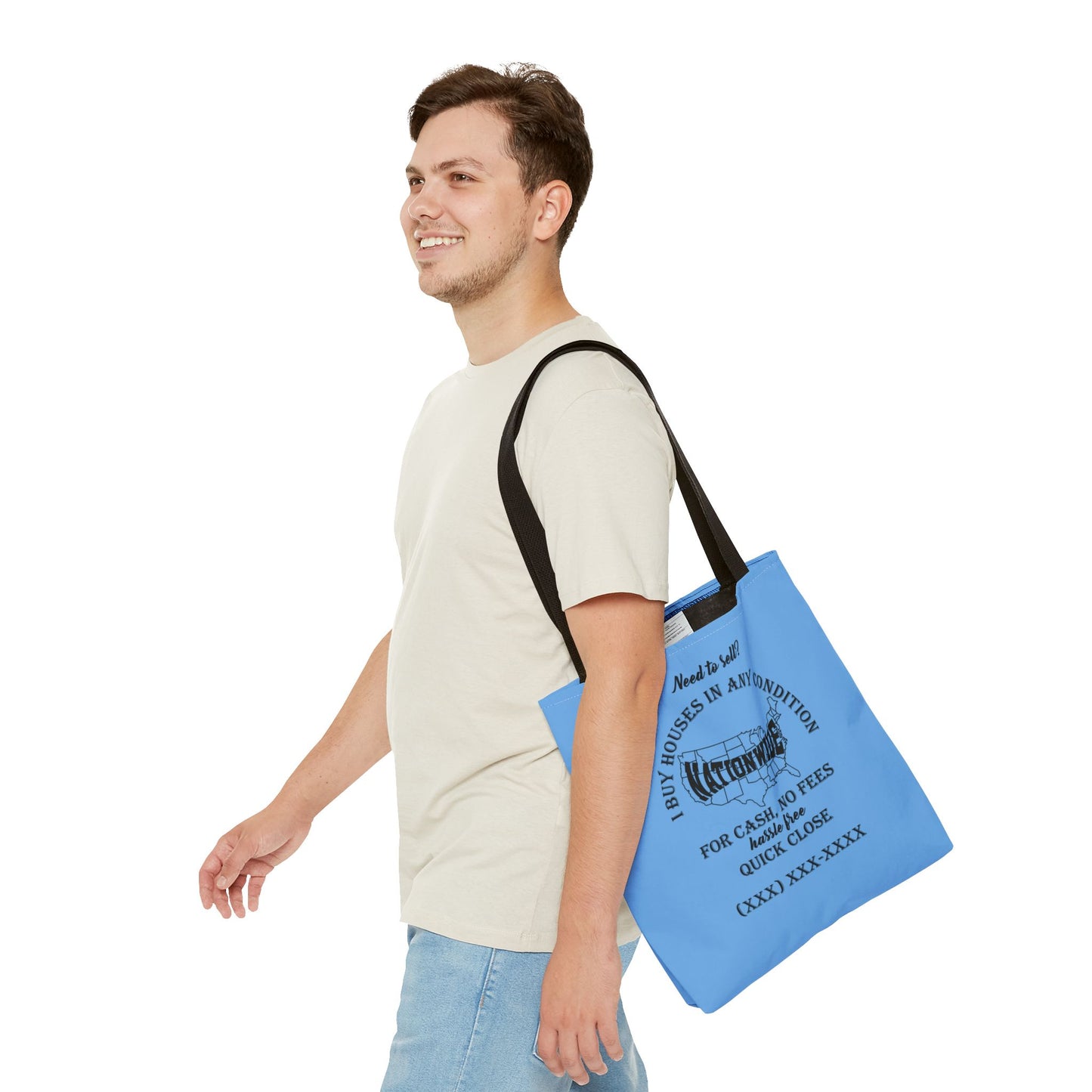 I Buy Houses Nationwide Real Estate Investor Two-Sided Blue Tote Bag with Custom Phone Number