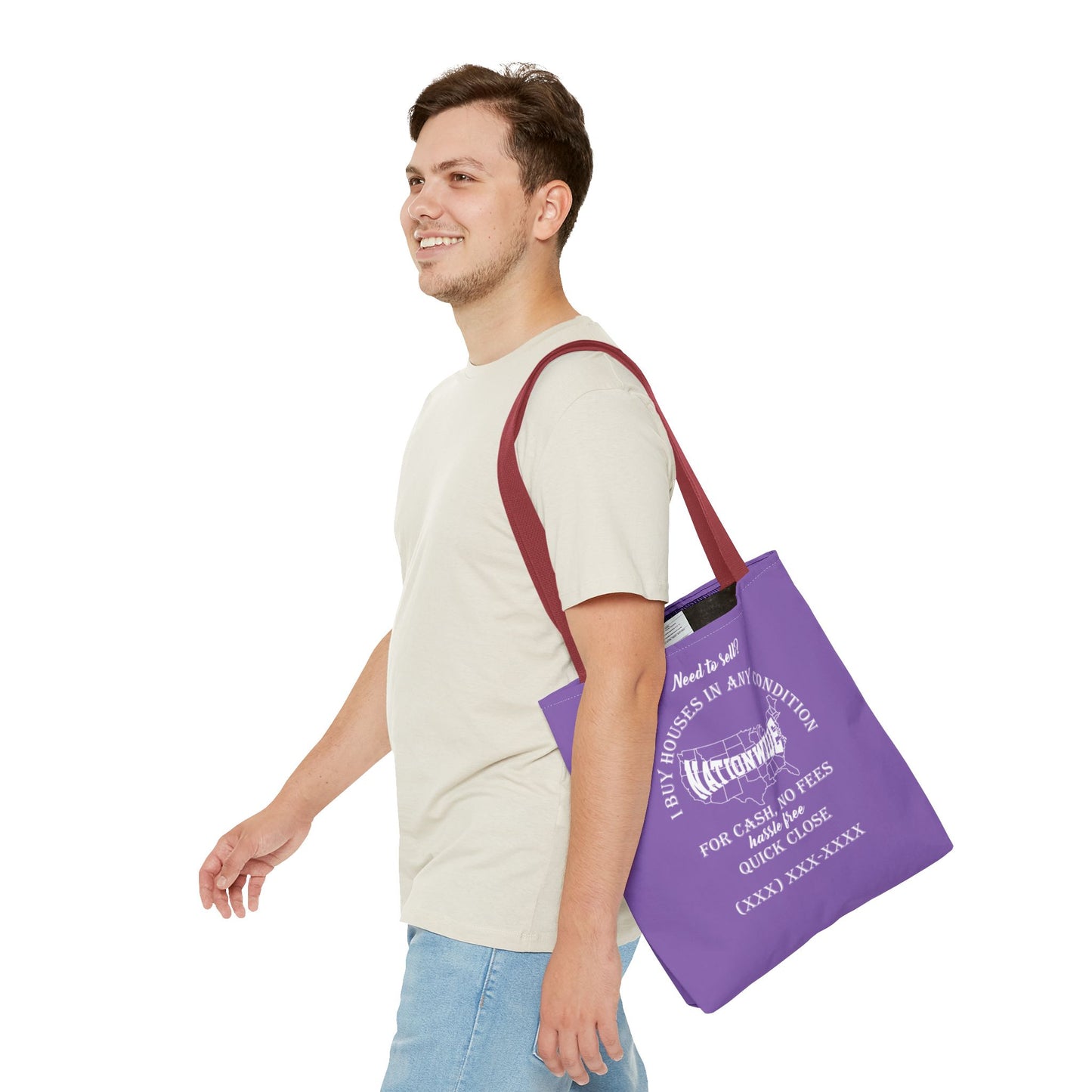 I Buy Houses Nationwide Real Estate Investor Two-Sided Purple Tote Bag with Custom Phone Number