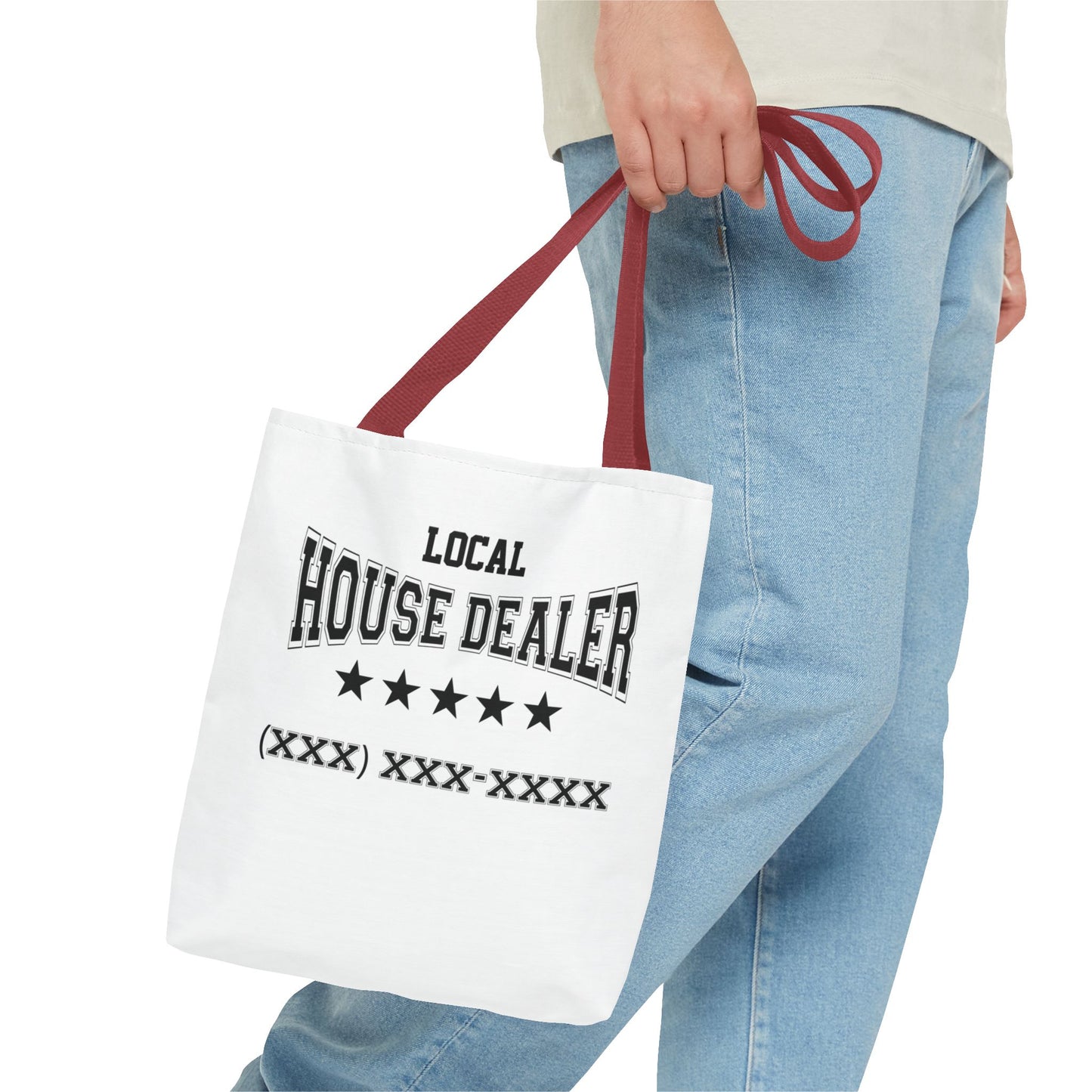 Local Five Star House Dealer Real Estate Investor Two-Sided White Tote Bag with Custom Phone Number