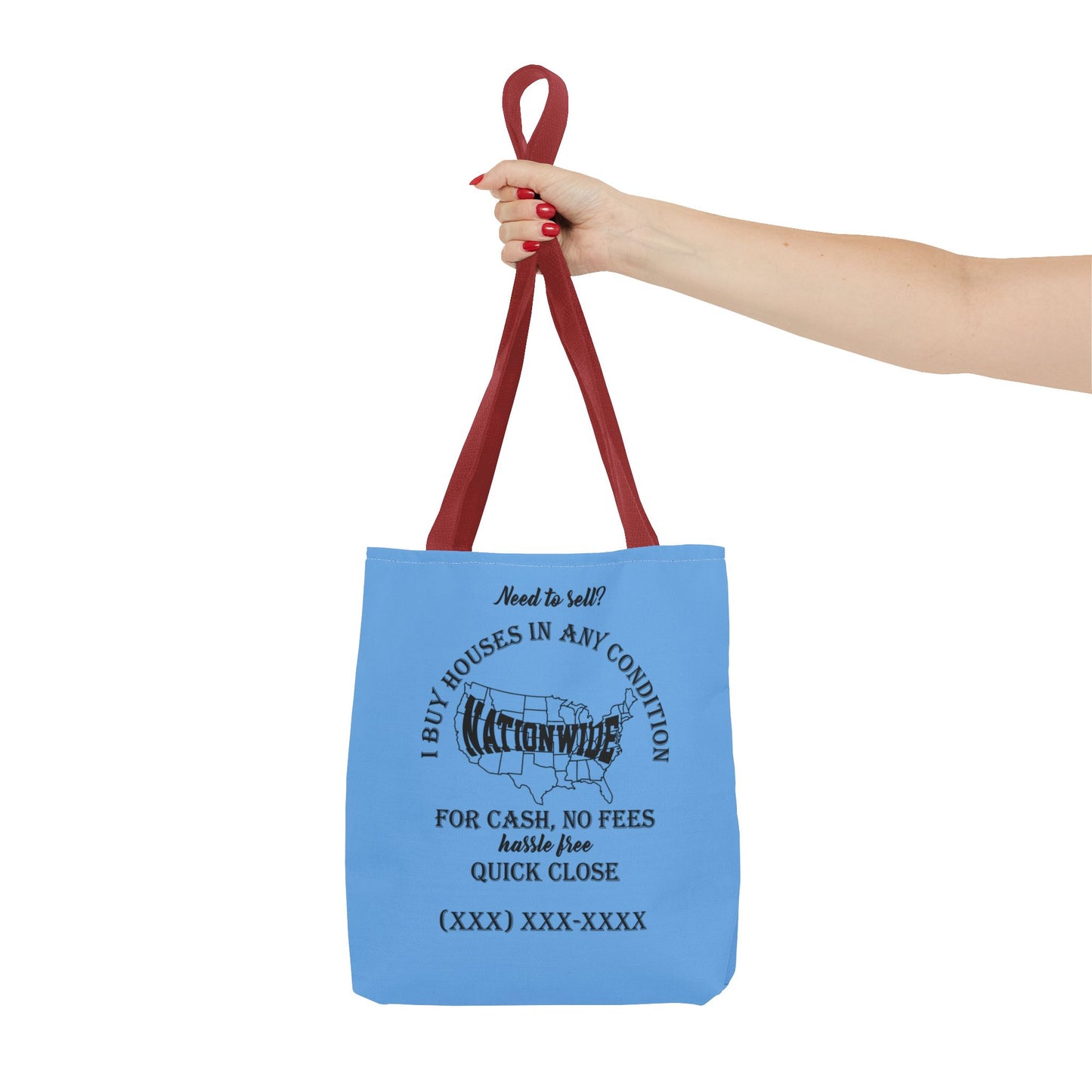 I Buy Houses Nationwide Real Estate Investor Two-Sided Blue Tote Bag with Custom Phone Number