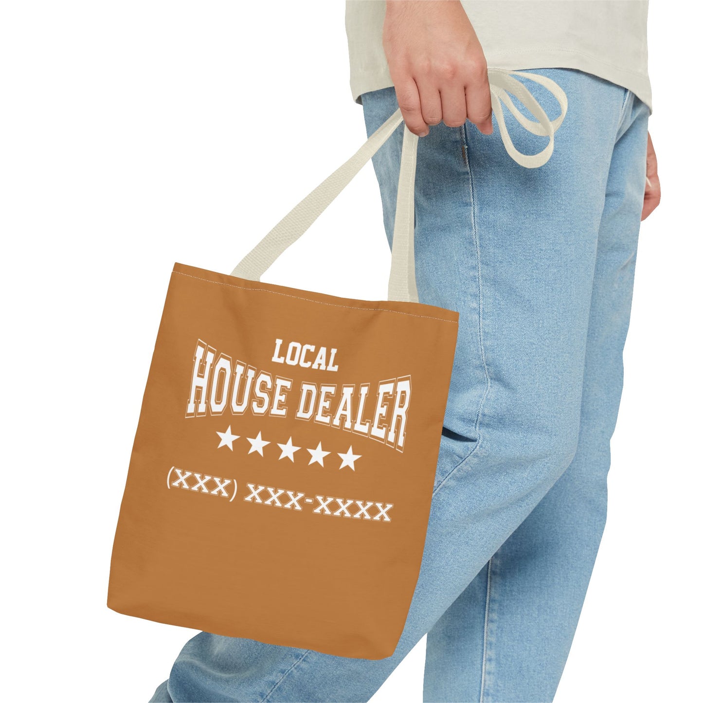 Local Five Star House Dealer Real Estate Investor Two-Sided Brown Tote Bag with Custom Phone Number