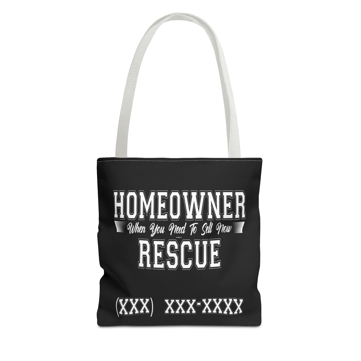 Homeowner Rescue Real Estate Investor Two-Sided Black Tote Bag with Custom Phone Number