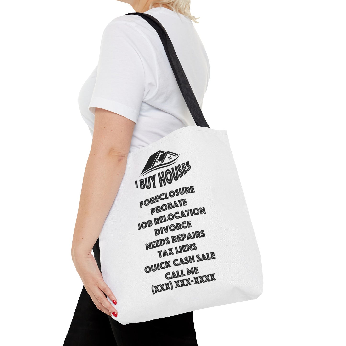 Ask Me About Buying Your House Real Estate Investor White Two-Sided Tote Bag with Custom Phone Number