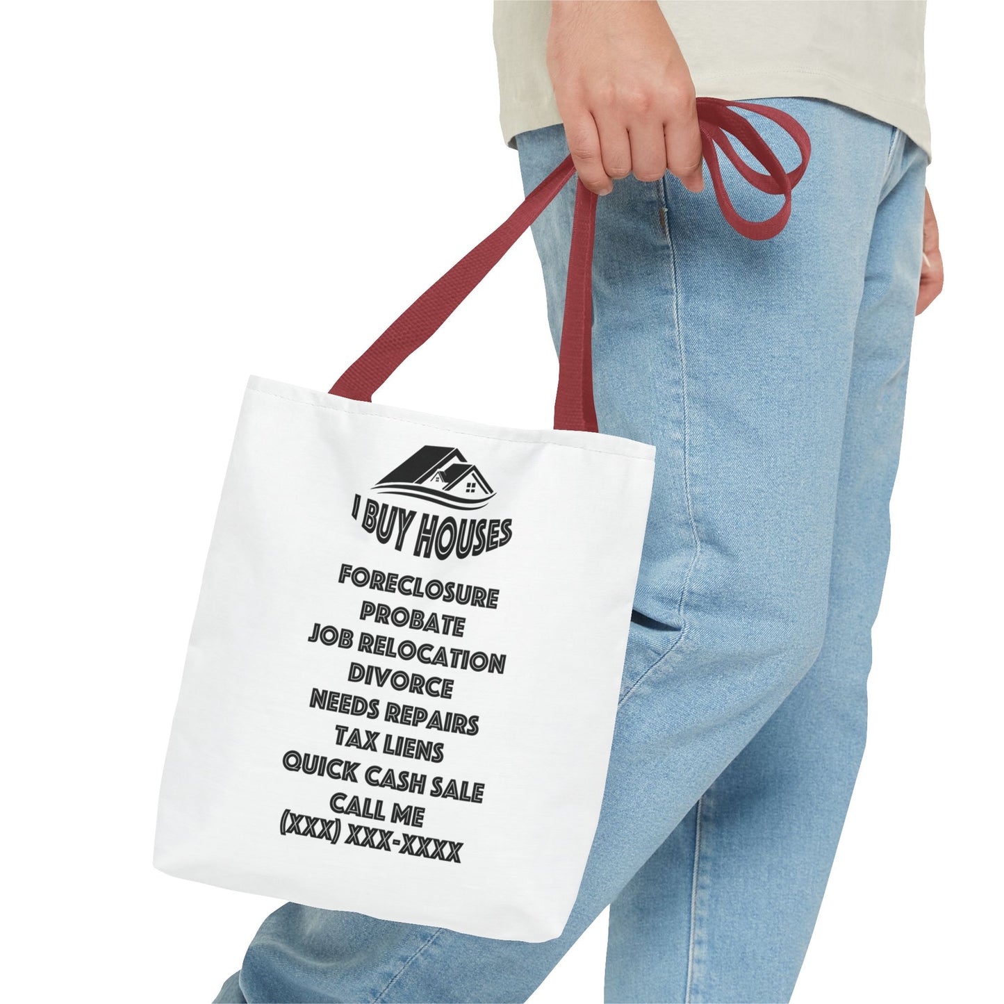 Ask Me About Buying Your House Real Estate Investor White Two-Sided Tote Bag with Custom Phone Number