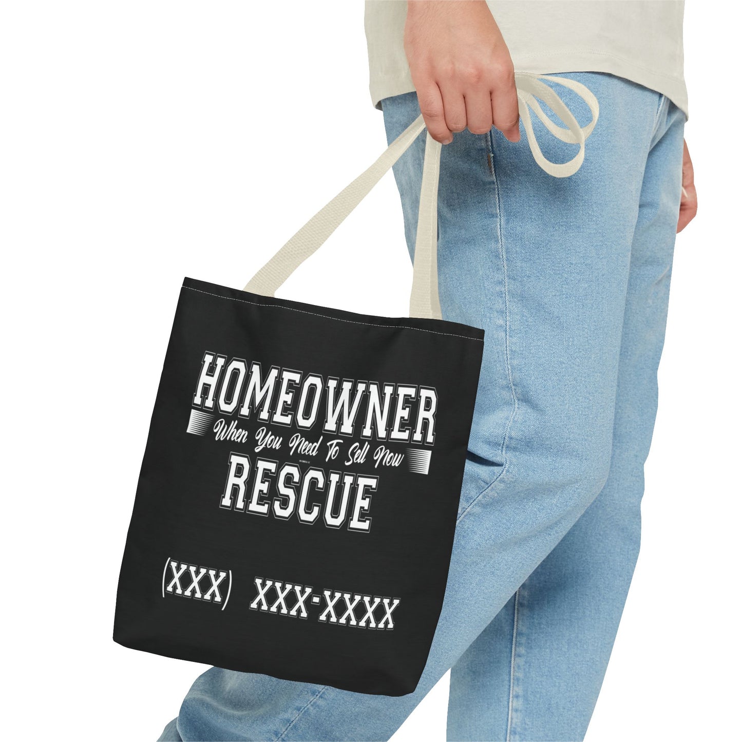 Homeowner Rescue Real Estate Investor Two-Sided Black Tote Bag with Custom Phone Number