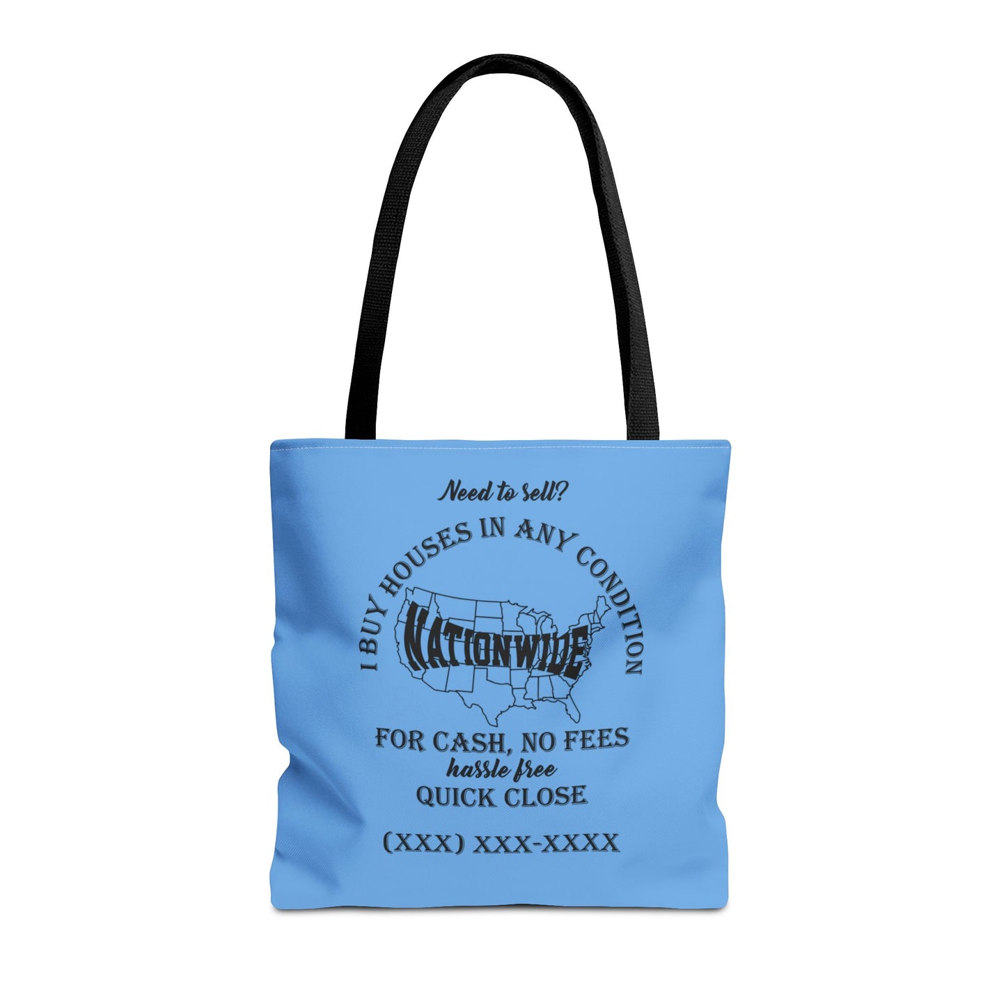 I Buy Houses Nationwide Real Estate Investor Two-Sided Blue Tote Bag with Custom Phone Number