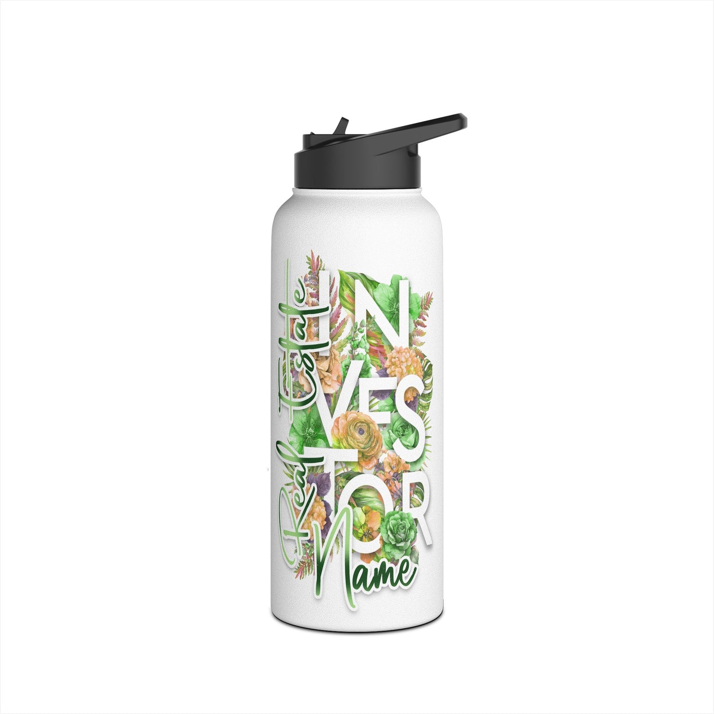 Floral Real Estate Investor Personalized Stainless Steel Water Bottle, Standard Lid