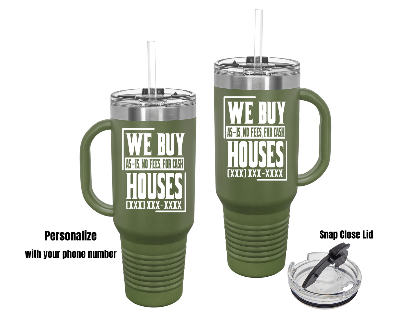 We Buy Houses Real Estate Investor, House Flipper and Wholesaler Personalized Lead Generation Insulated Travel Mug, 40oz