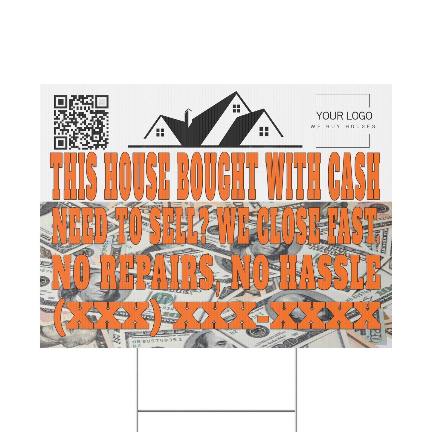 This House Bought with Cash 24" x 18" Plastic Yard Sign - Flippers, Wholesalers, Real Estate Investors