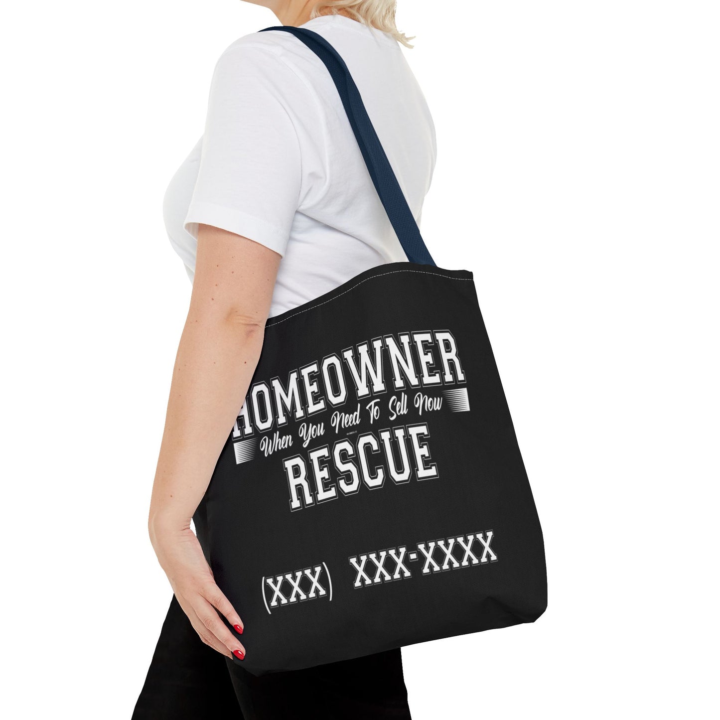 Homeowner Rescue Real Estate Investor Two-Sided Black Tote Bag with Custom Phone Number